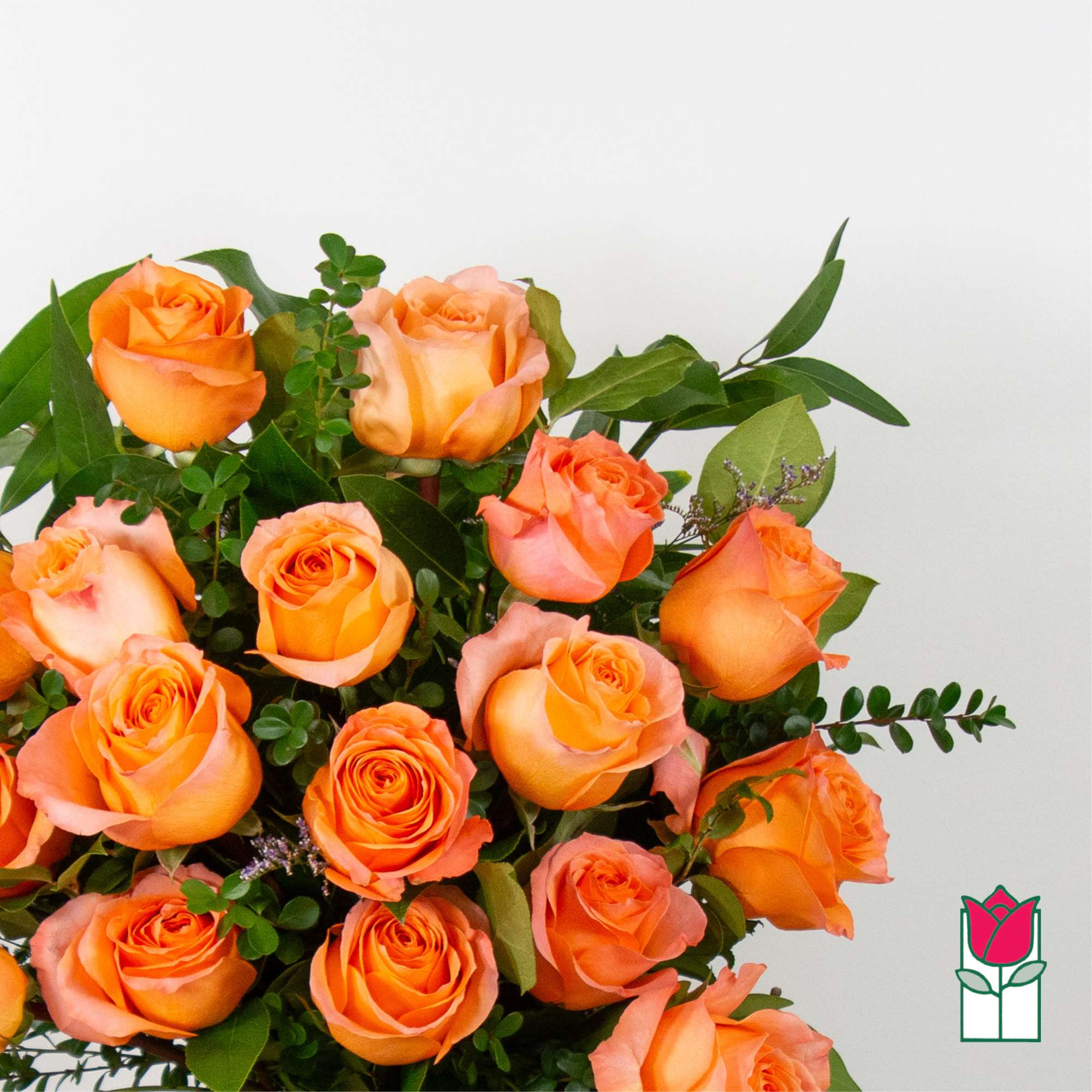 Bouquet of orange roses with green foliage