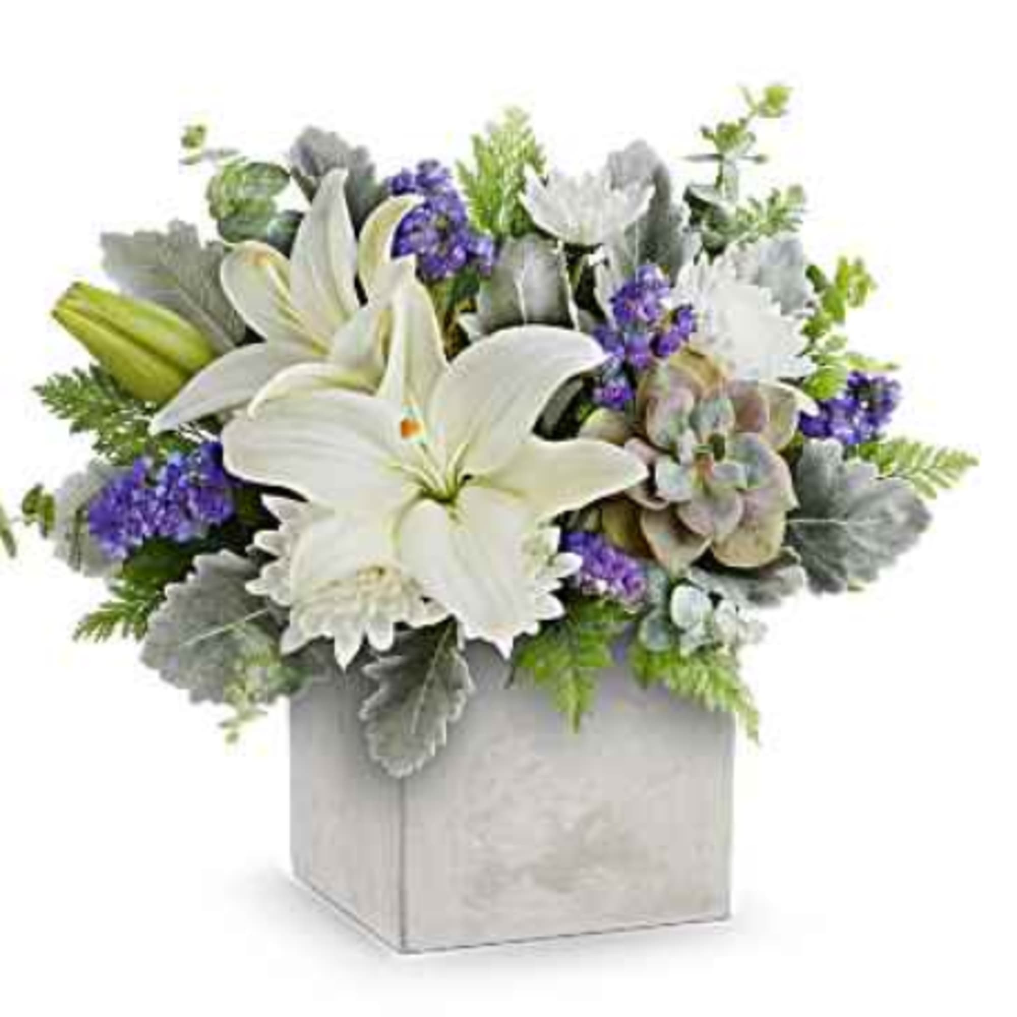 White lilies and purple flowers arranged in a square box