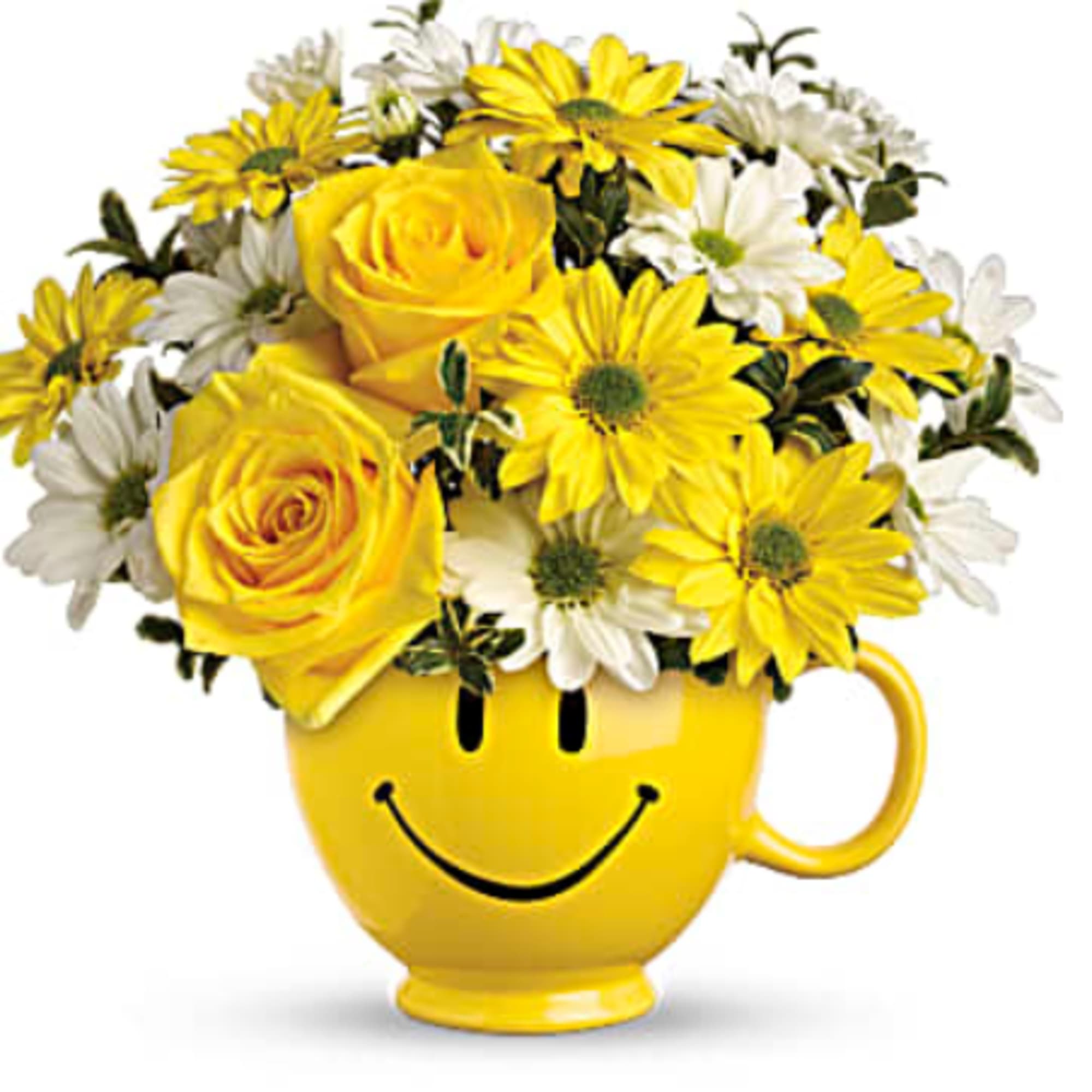 Yellow roses and daisies in a yellow smiley-face mug