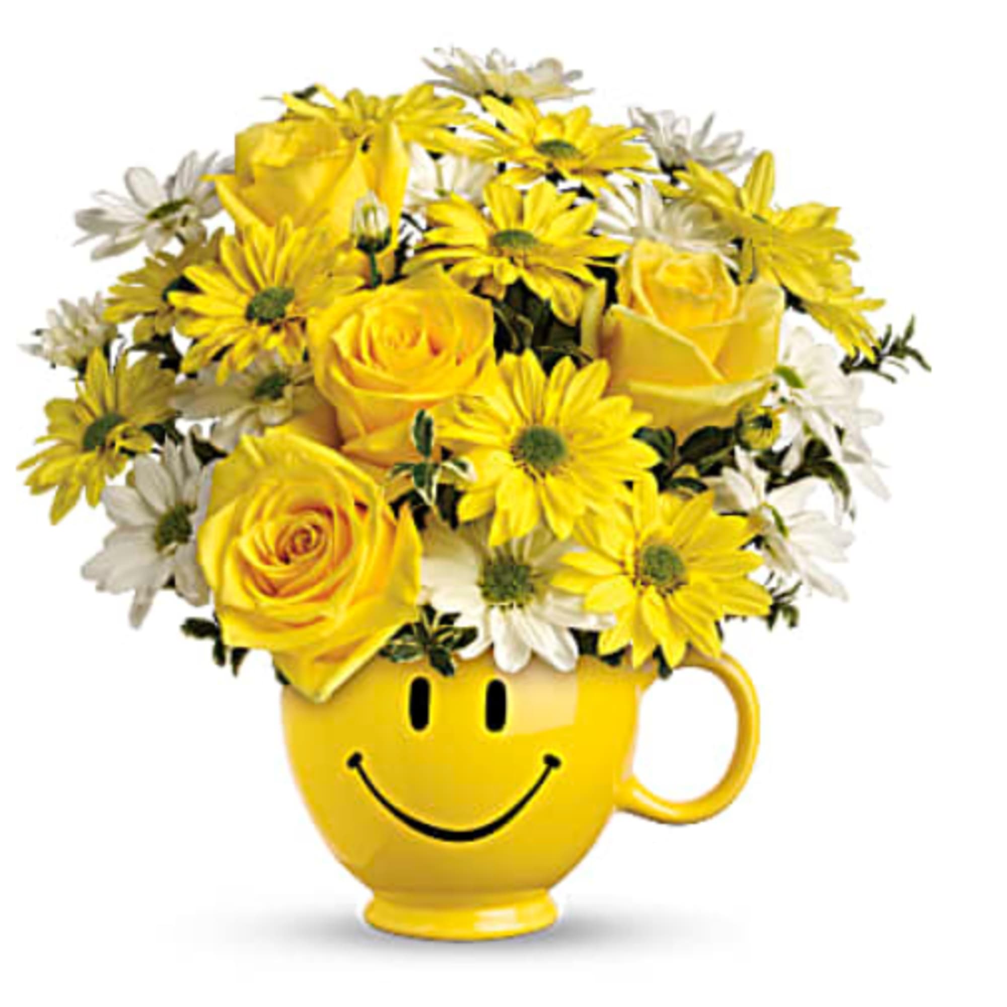 Yellow roses and daisies arranged in a smiley-face mug