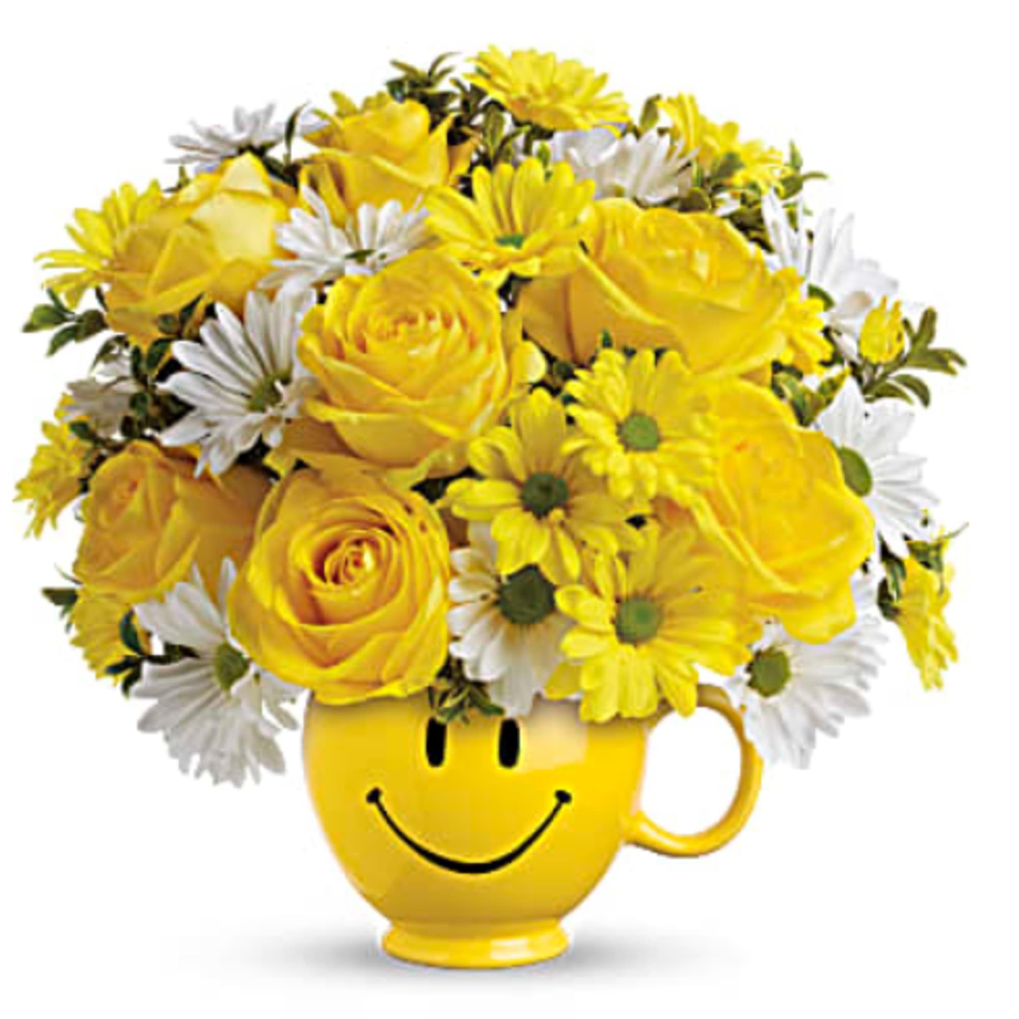 Yellow roses and white daisies in a smiley-face mug