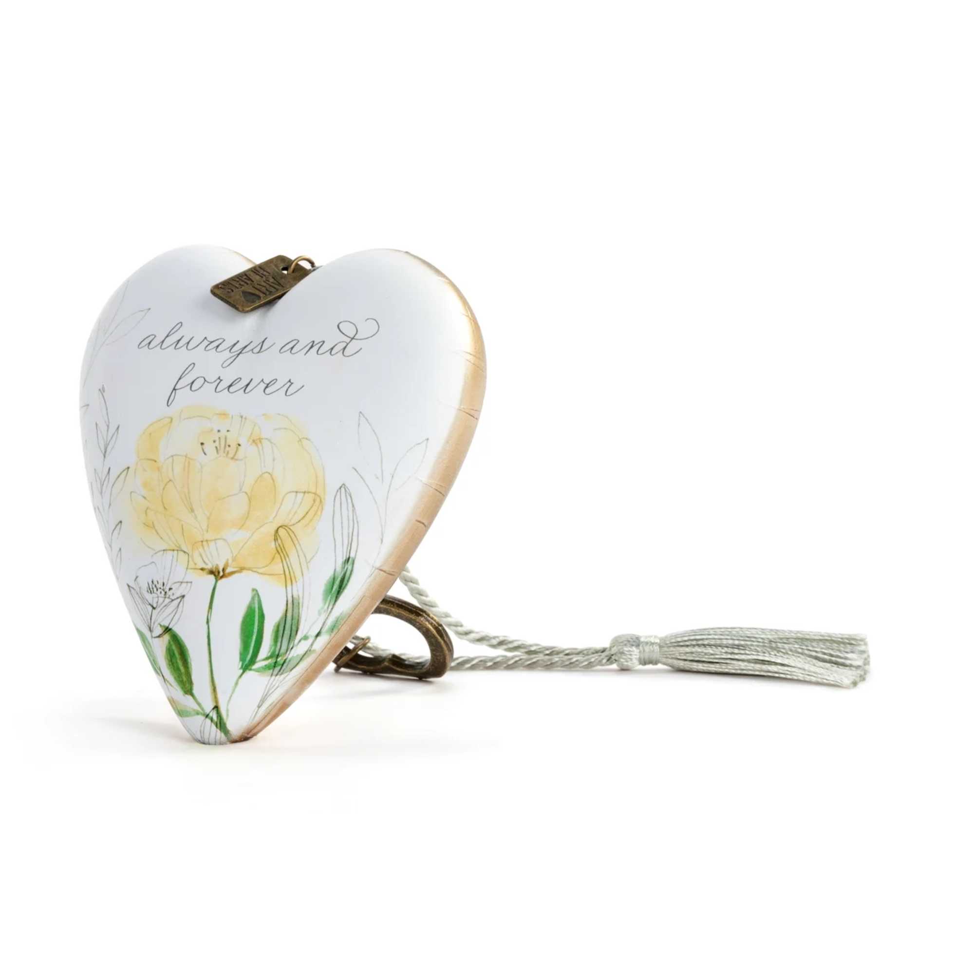 Heart-shaped decorative ornament with a yellow flower and "always and forever" text