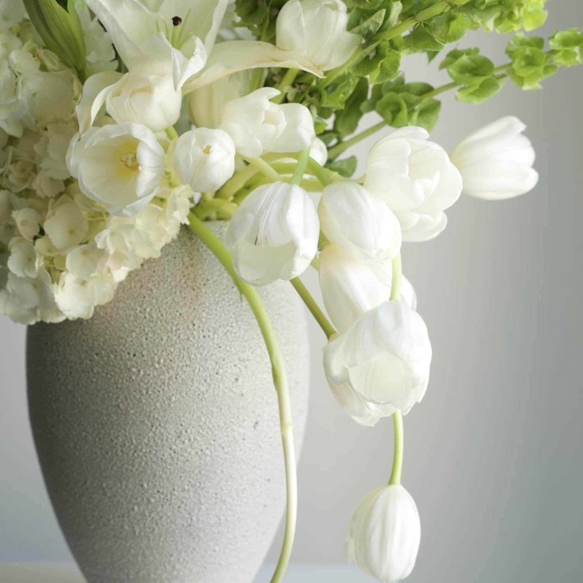 A fresh, light-filled arrangement in crisp white and vibrant green tones. 
Featuring