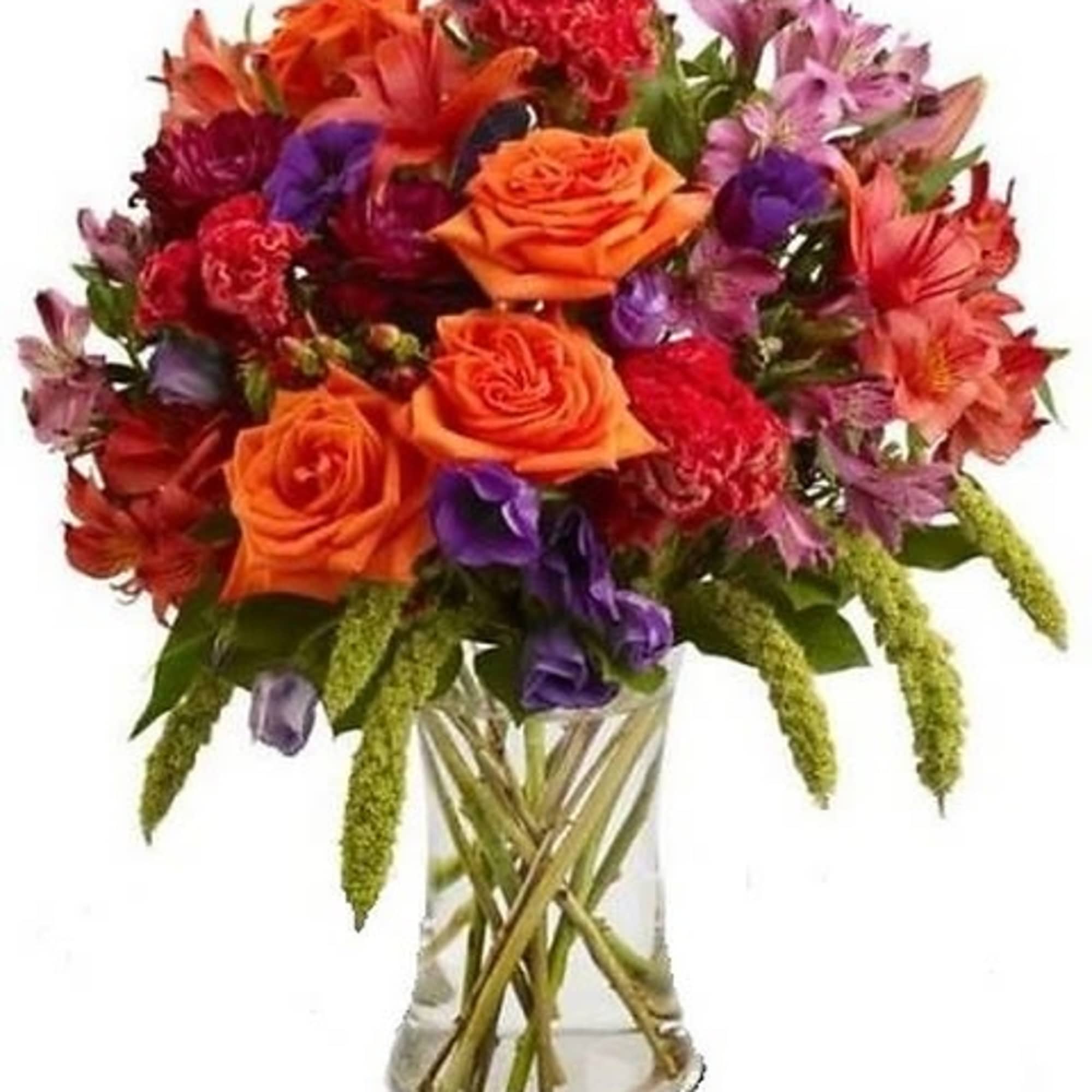 Fronds of feathery millet and puffy, rooster-red coxcomb bring a touch of