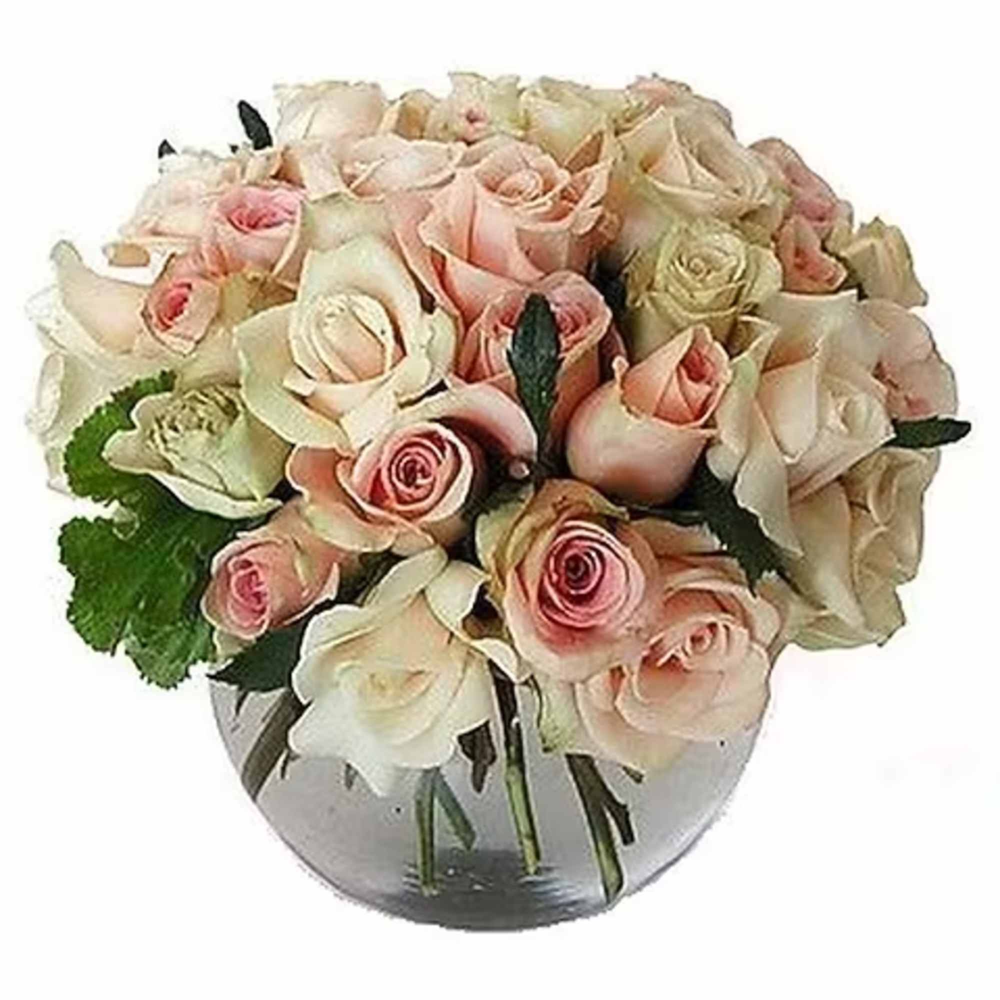 Round arrangement of cream and blush pink roses in a clear glass bubble vase