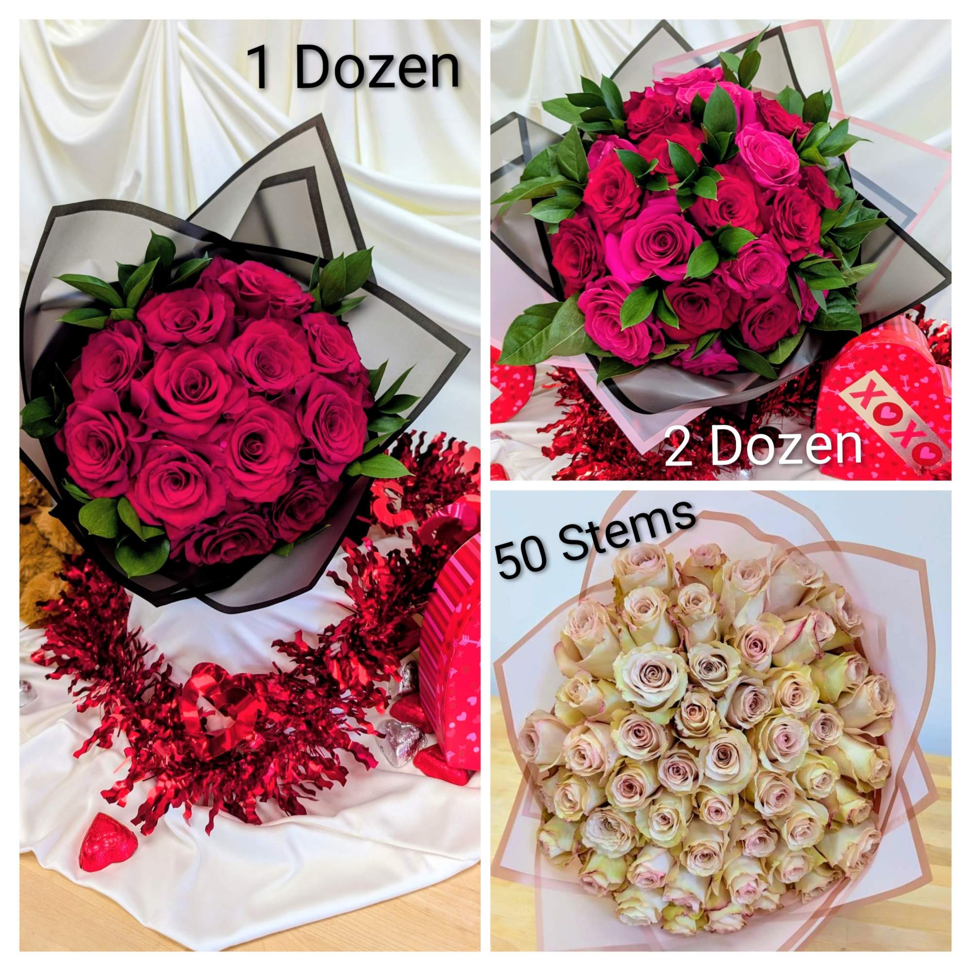 Collage of rose bouquets in black and blush wrap, including hot pink and pale cream roses.
