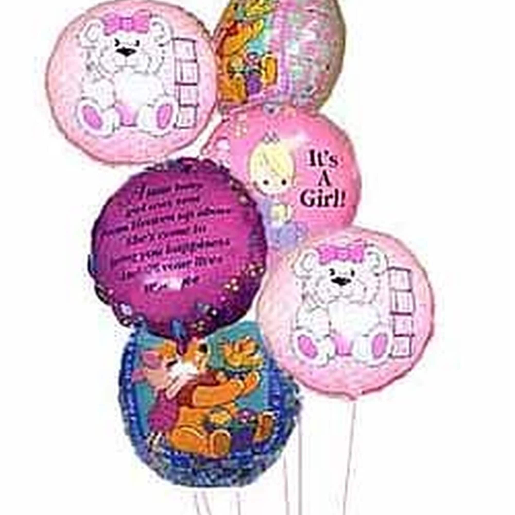 Bouquet of pink and colorful 'It's a Girl' themed mylar balloons on white sticks