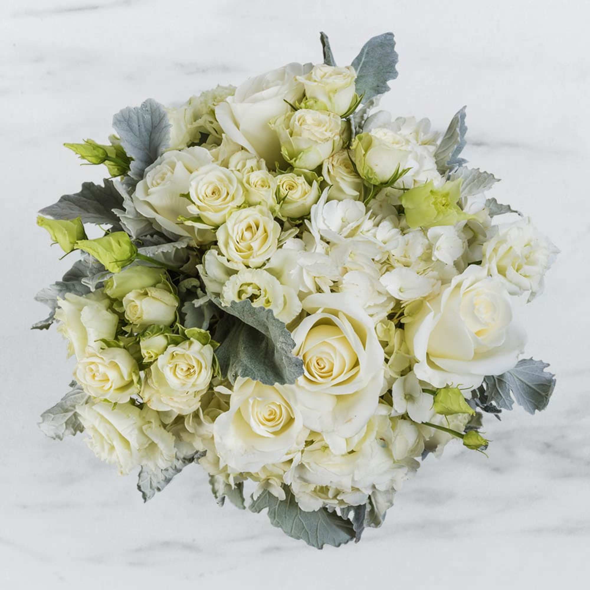 White rose bouquet with pale green accents and silvery foliage