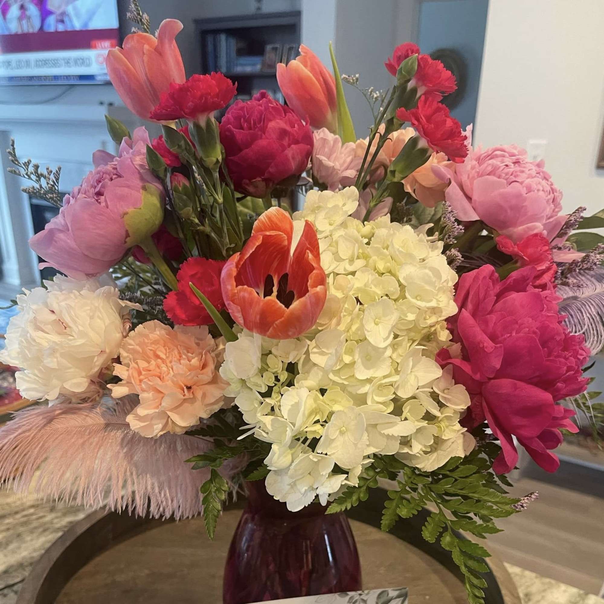 Stunning elegant bouquet featuring an exquisite mix of pink peonies, white hydrangeas