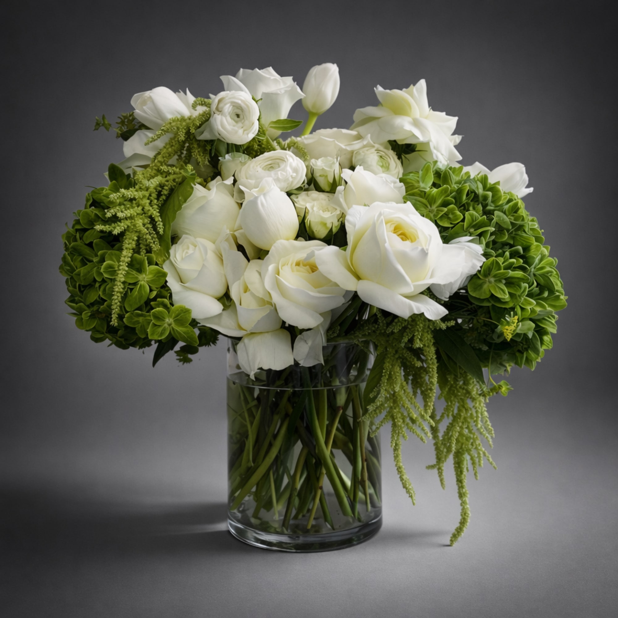 White flowers arranged in a clear glass vase with green accents