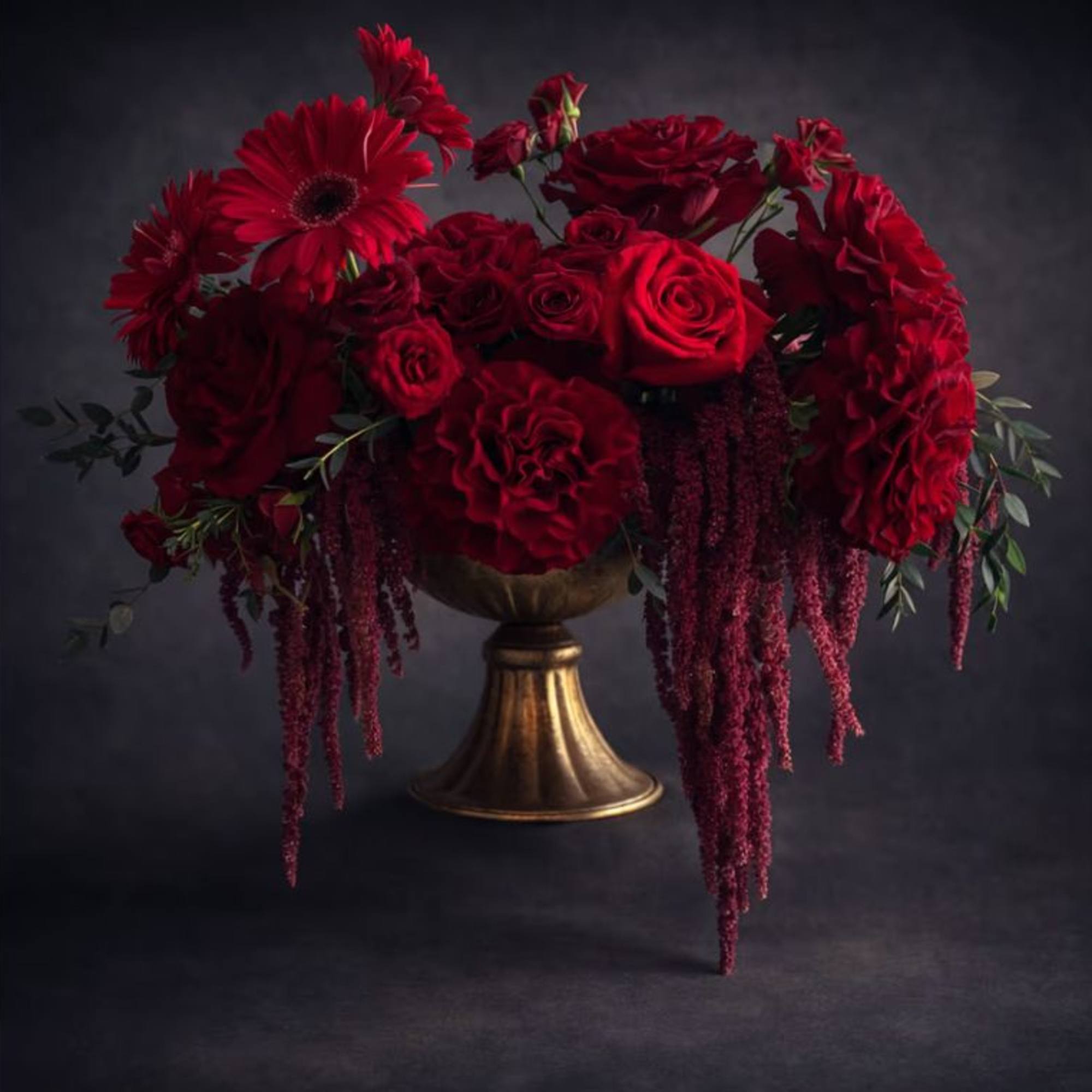 Red roses and gerbera daisies arranged in a gold pedestal vase