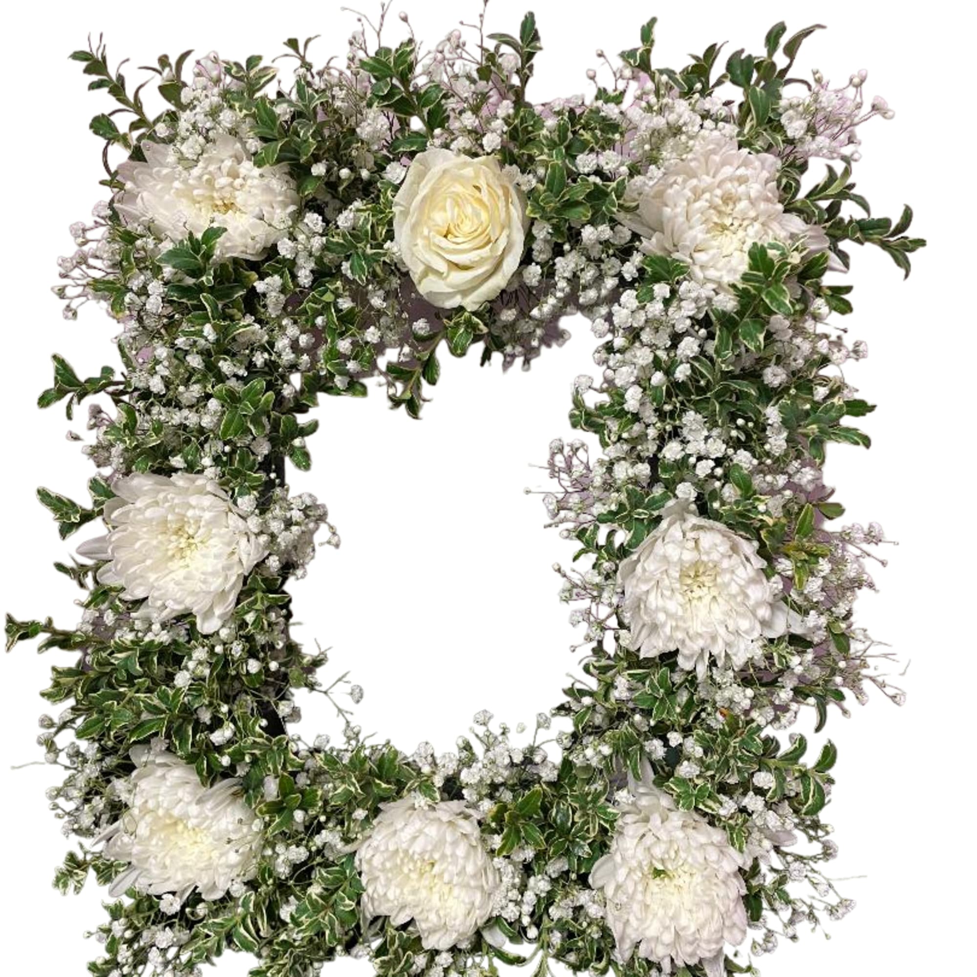 Square floral wreath with white blooms and mixed greenery
