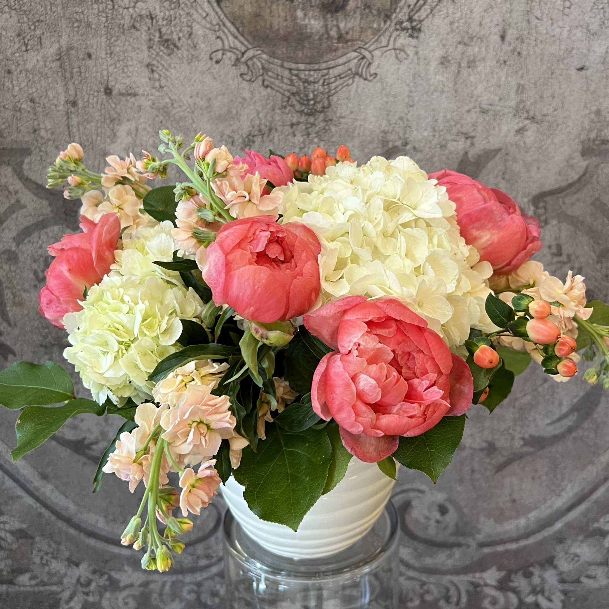 This beautiful arrangement of Peony, Hydrangea &amp; Stock makes a wonderful gift
