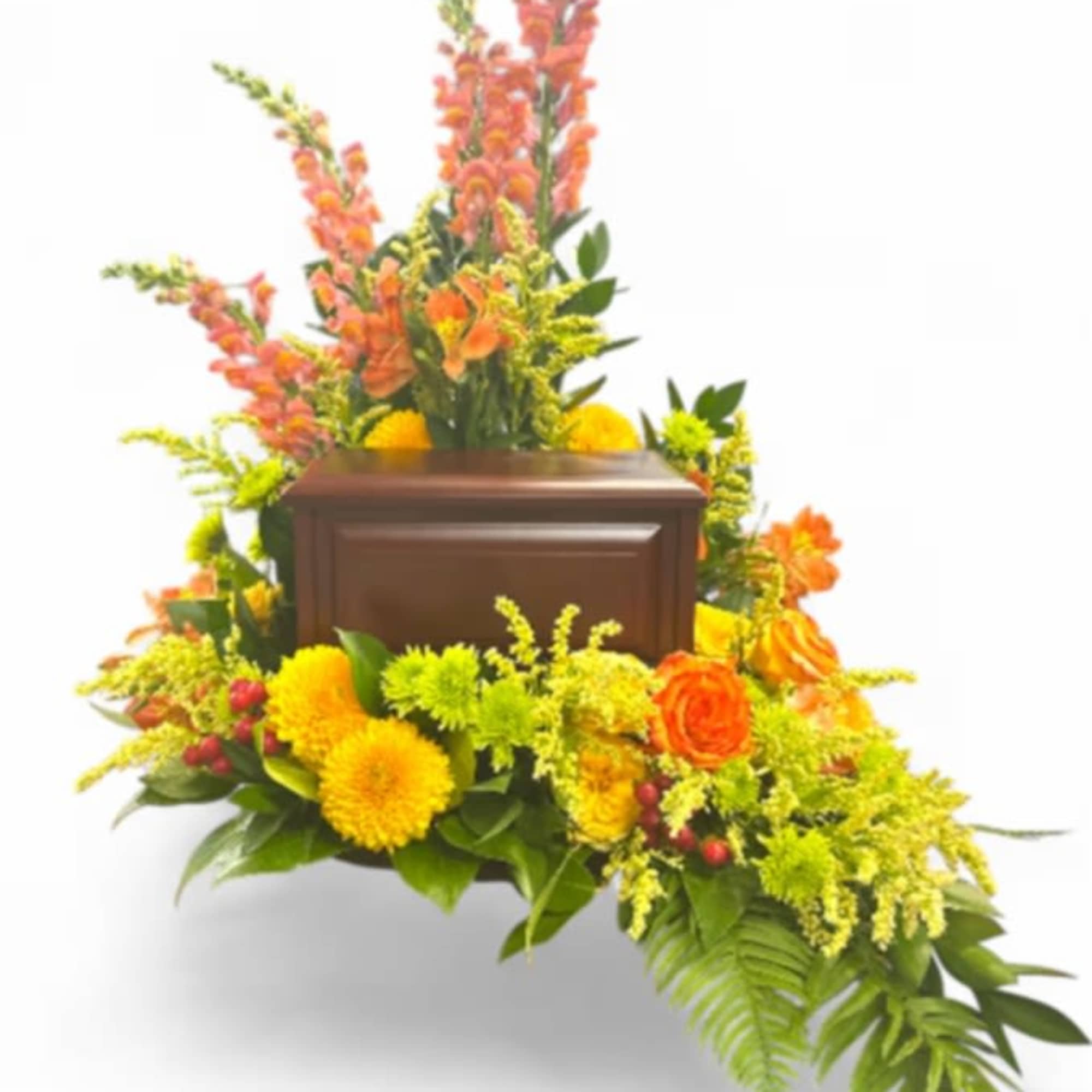 This vibrant sympathy arrangement, thoughtfully presented in an 8-inch design tray, offers