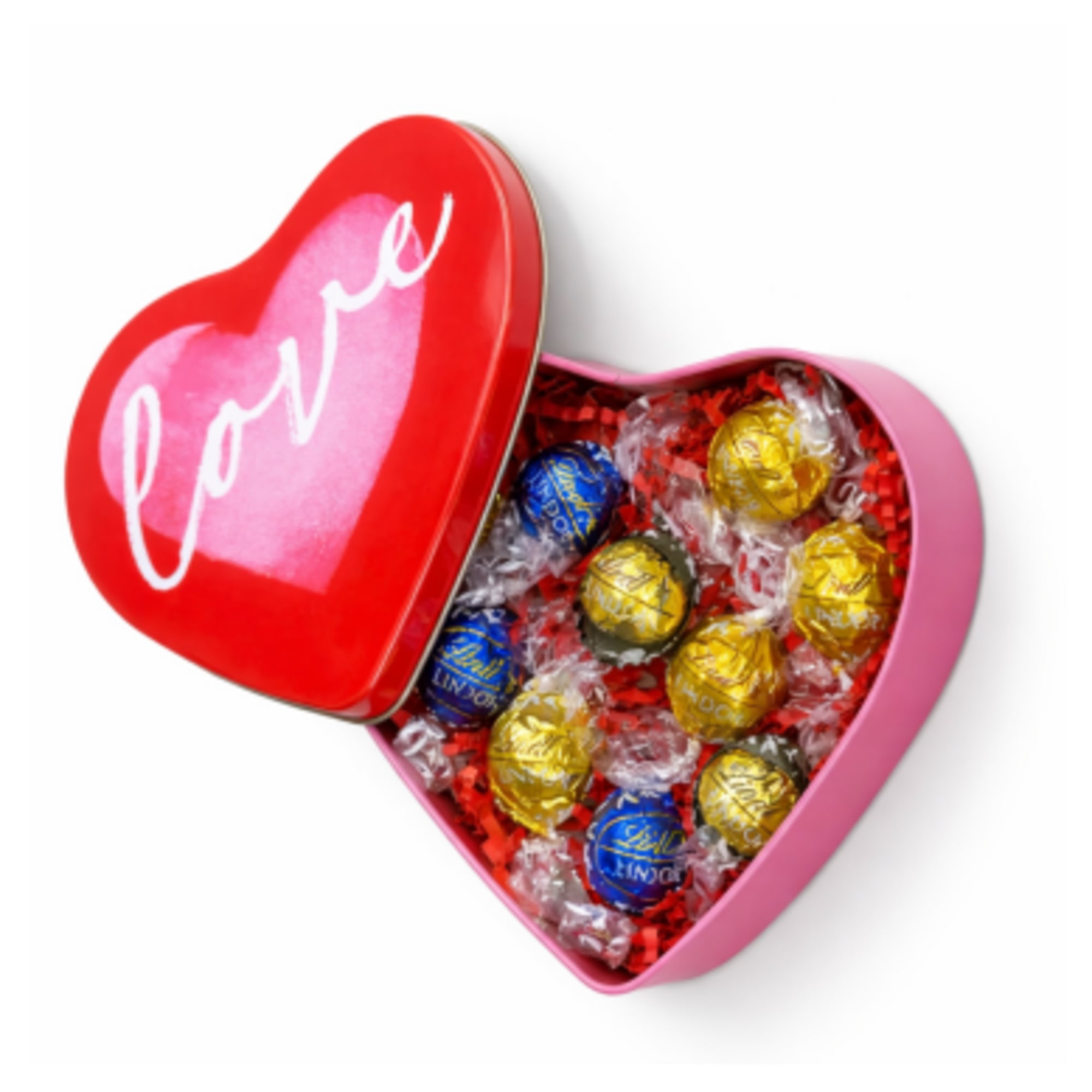 Heart-shaped candy box filled with assorted wrapped chocolates