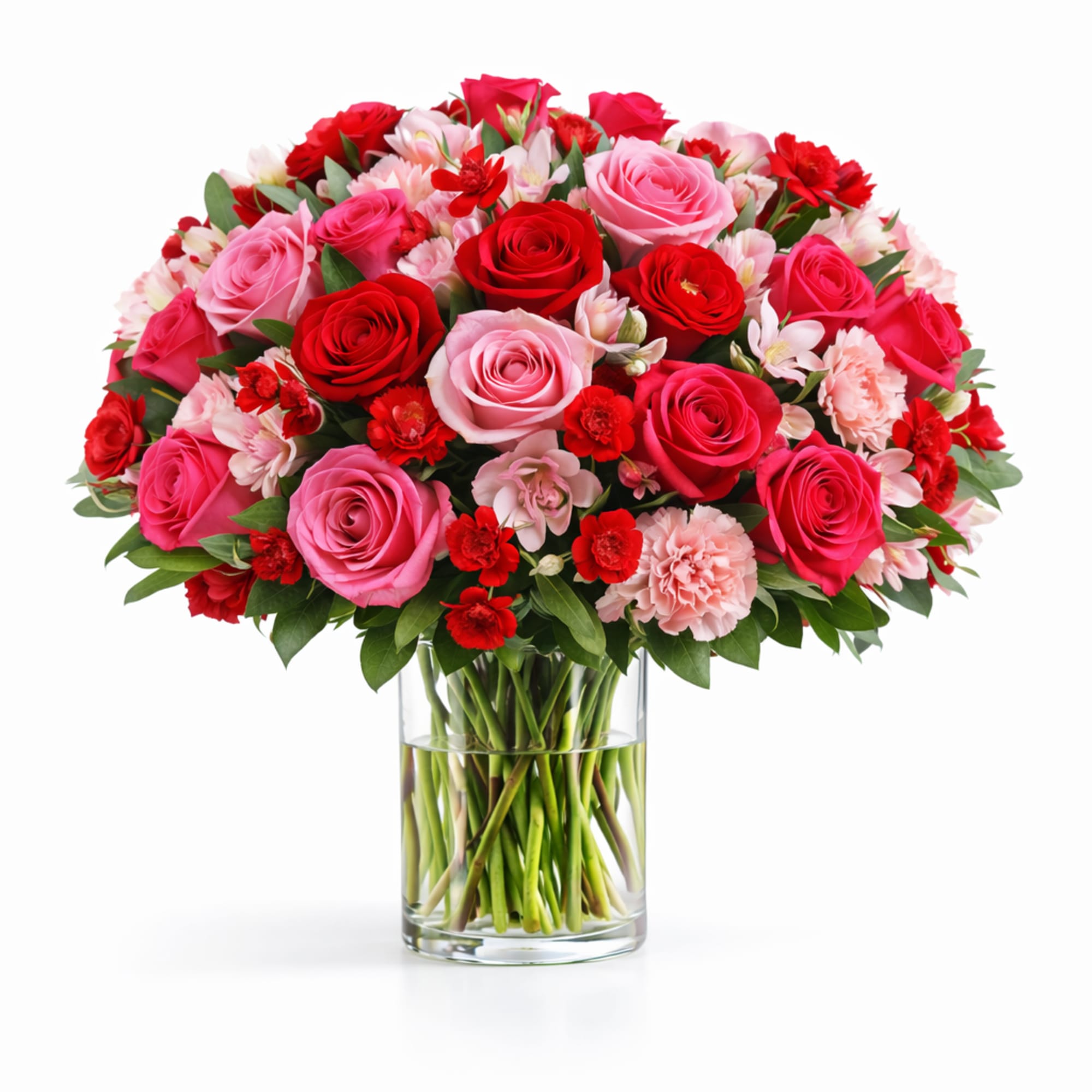 Bouquet of pink and red roses with carnations in a clear glass vase