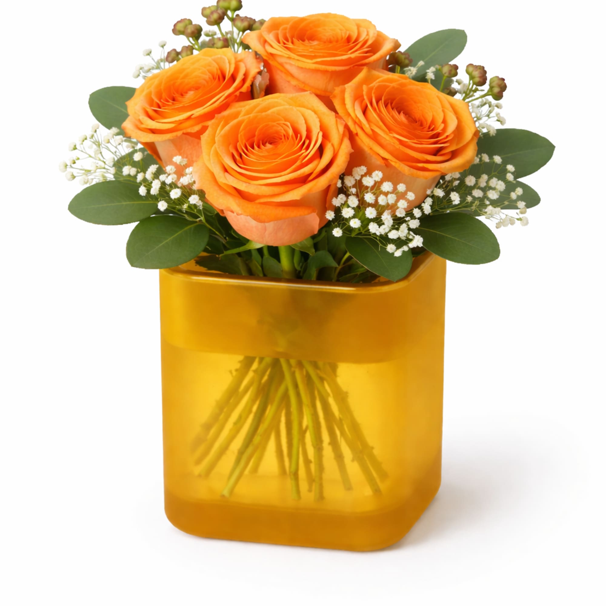 A charming flower arrangement featuring four premium roses, accented with delicate filler