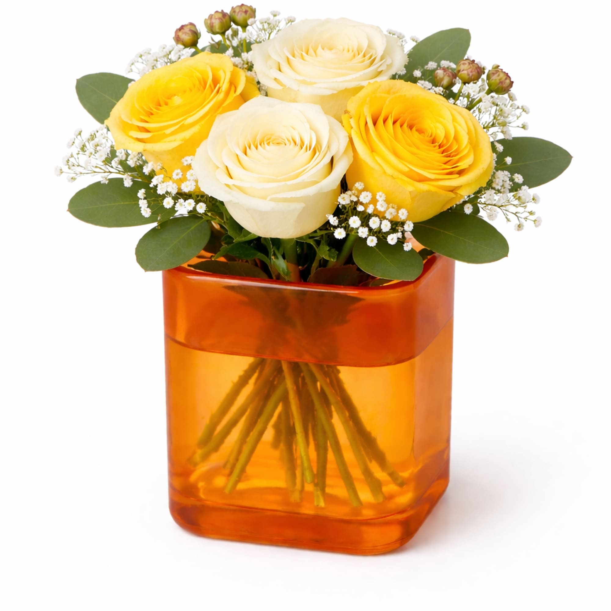 A charming flower arrangement featuring four premium roses, accented with delicate filler