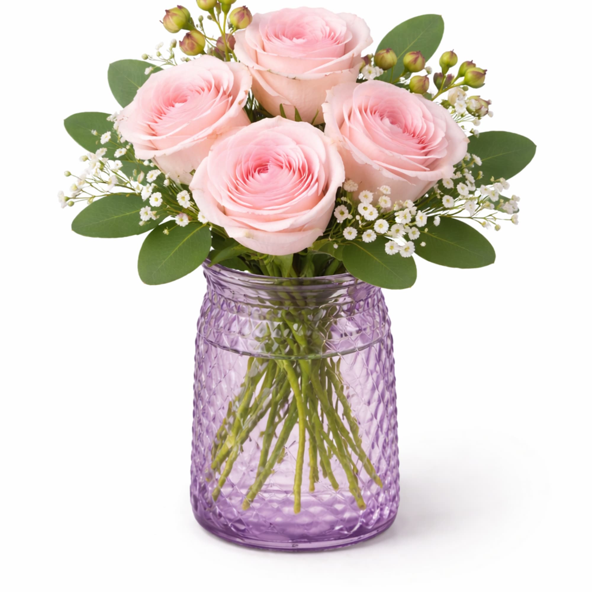 A charming and elegant arrangement featuring four premium roses, beautifully accented with