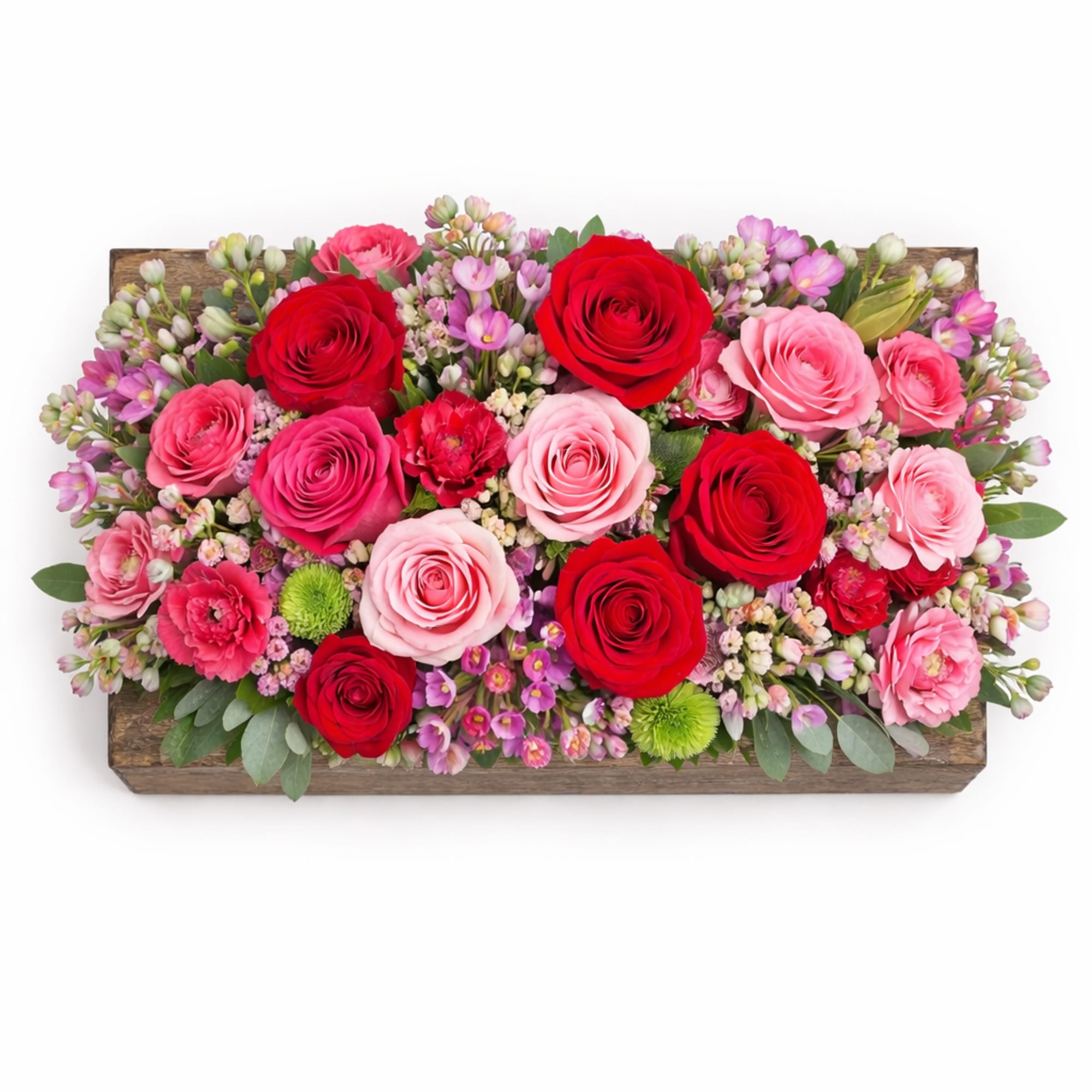 Rectangular wooden box filled with red and pink roses