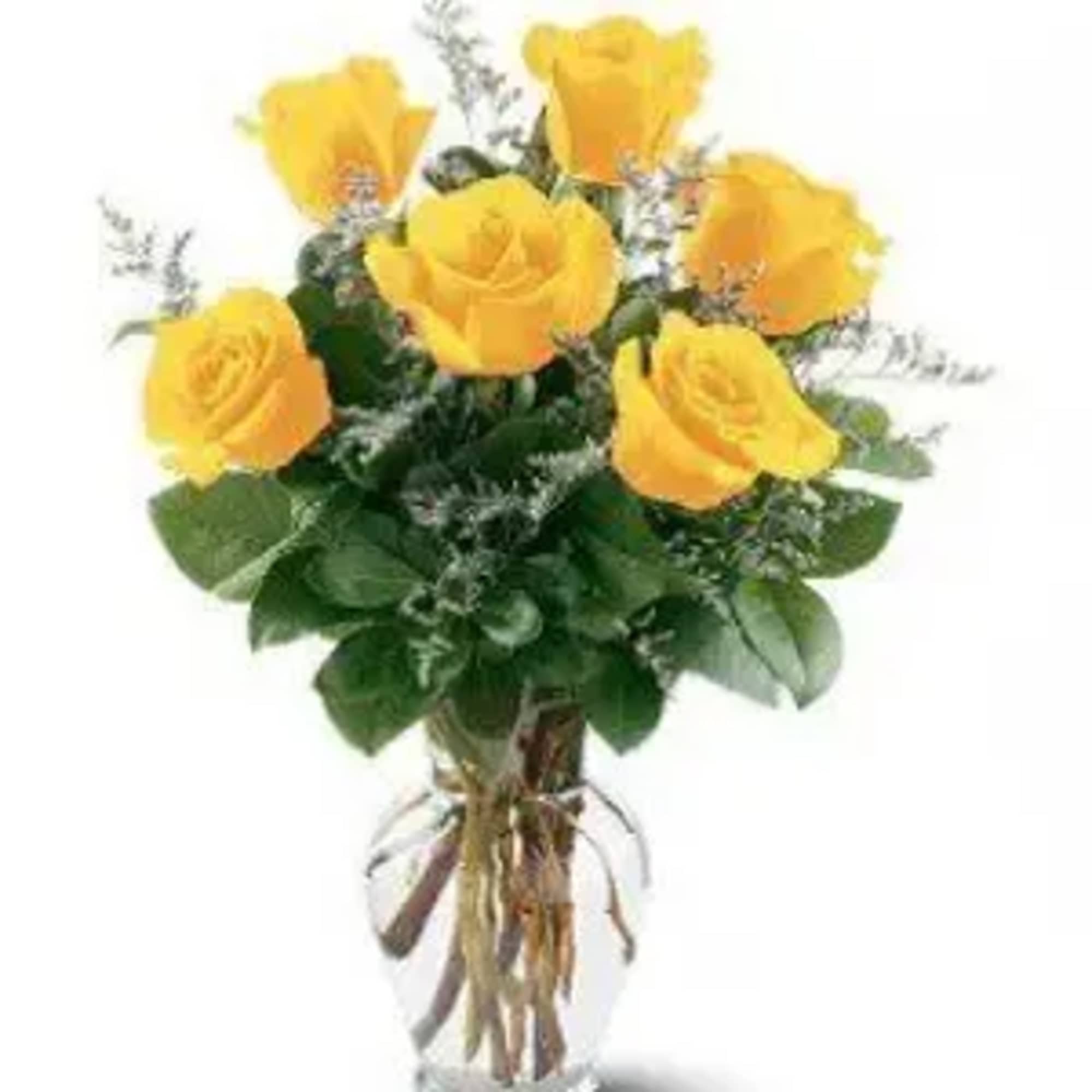 A charming vase filled with  six fresh yellow roses, designed with