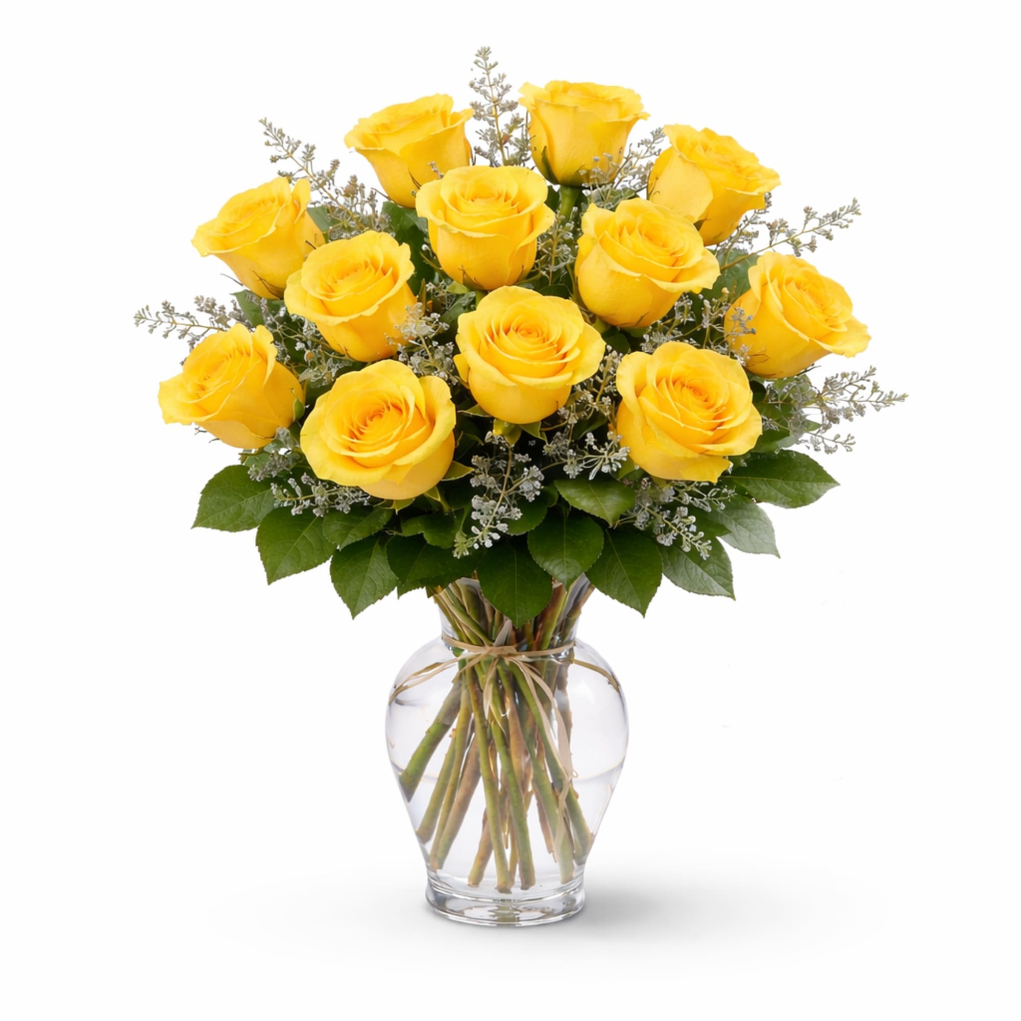 A charming vase filled with  six fresh yellow roses, designed with
