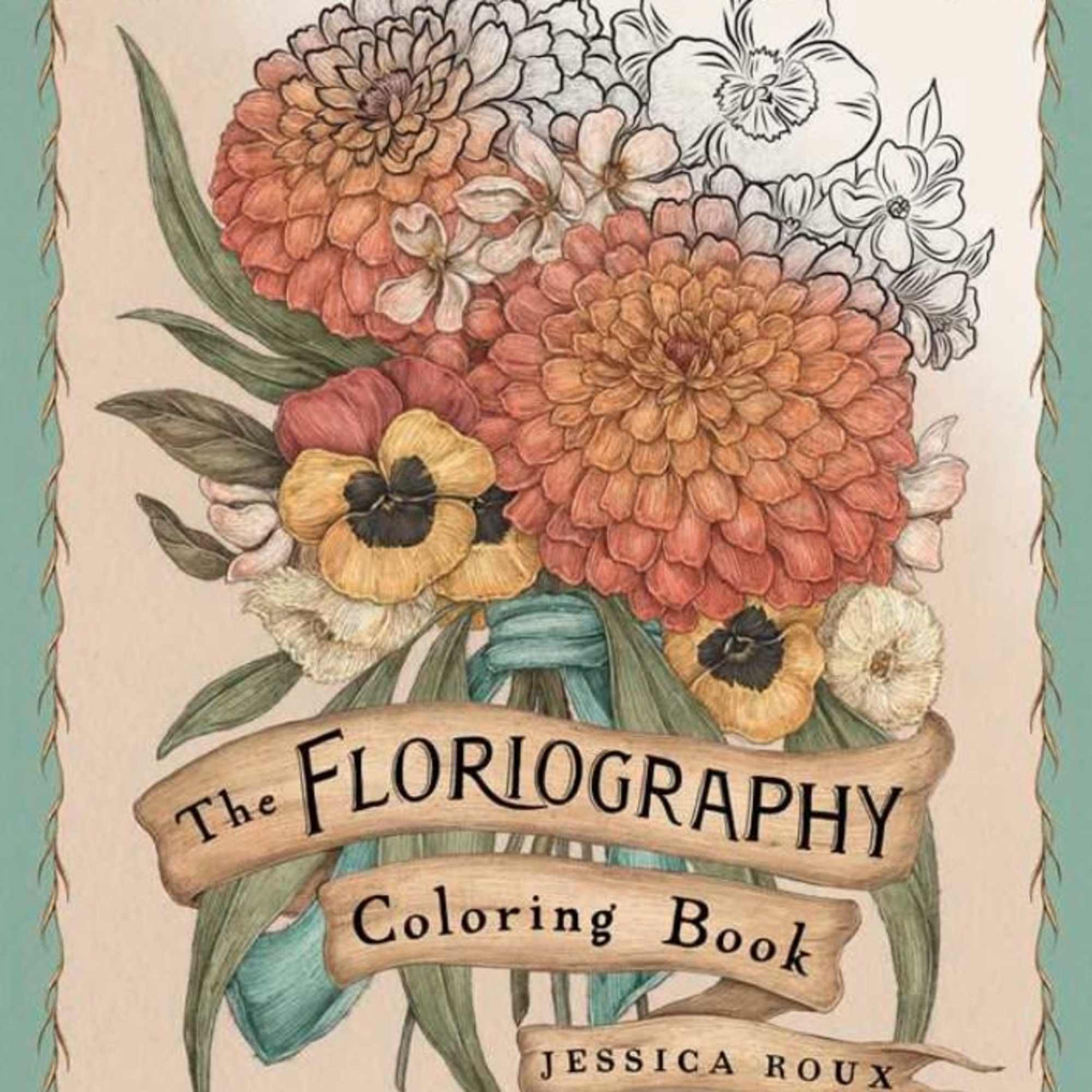 Floral book cover with peach and white blooms and the title "The Florigraphy Coloring Book"