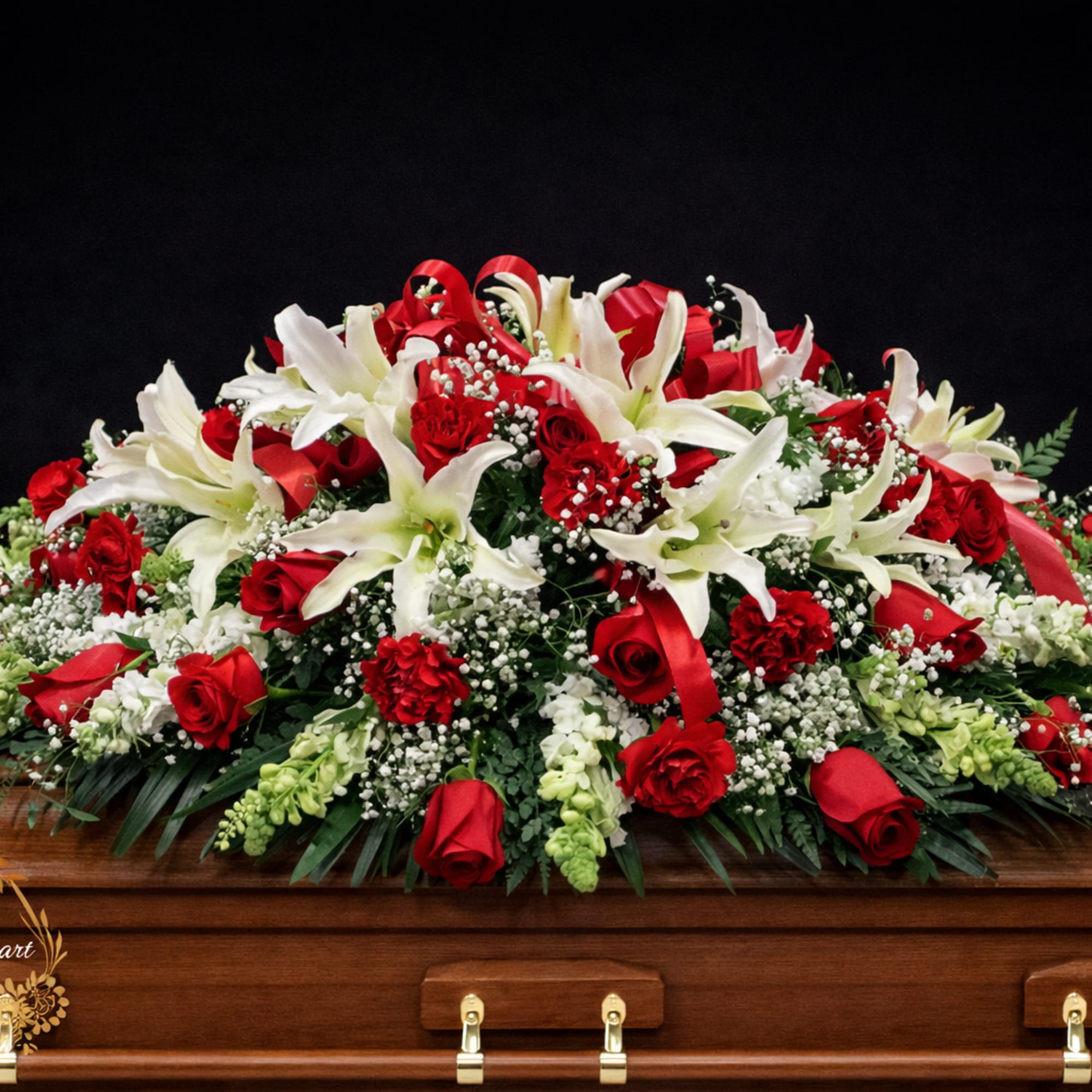 This casket make with red roses, white lilies and white snapdragon 