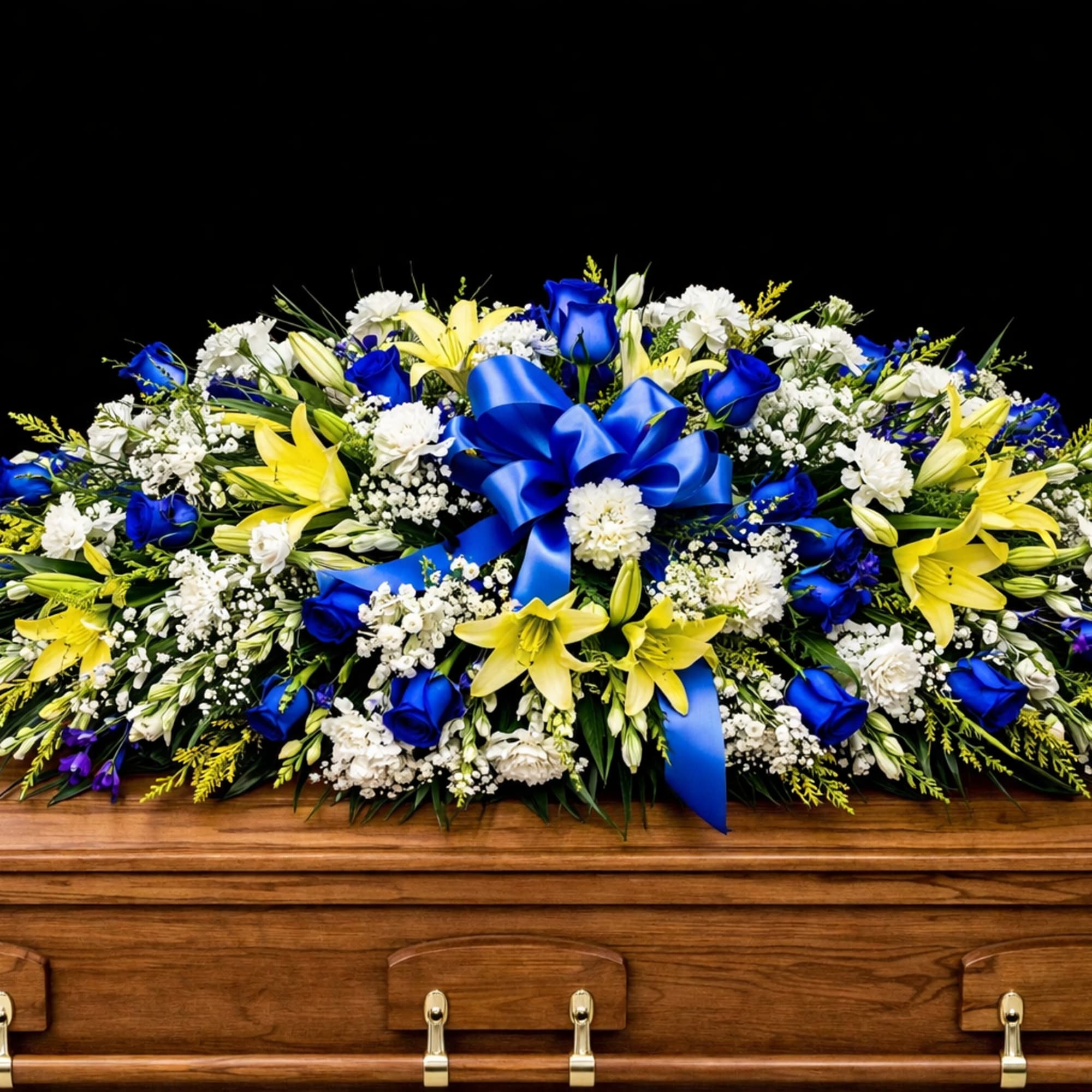 This casket make with blue roses, yellow lilies and white carnation 