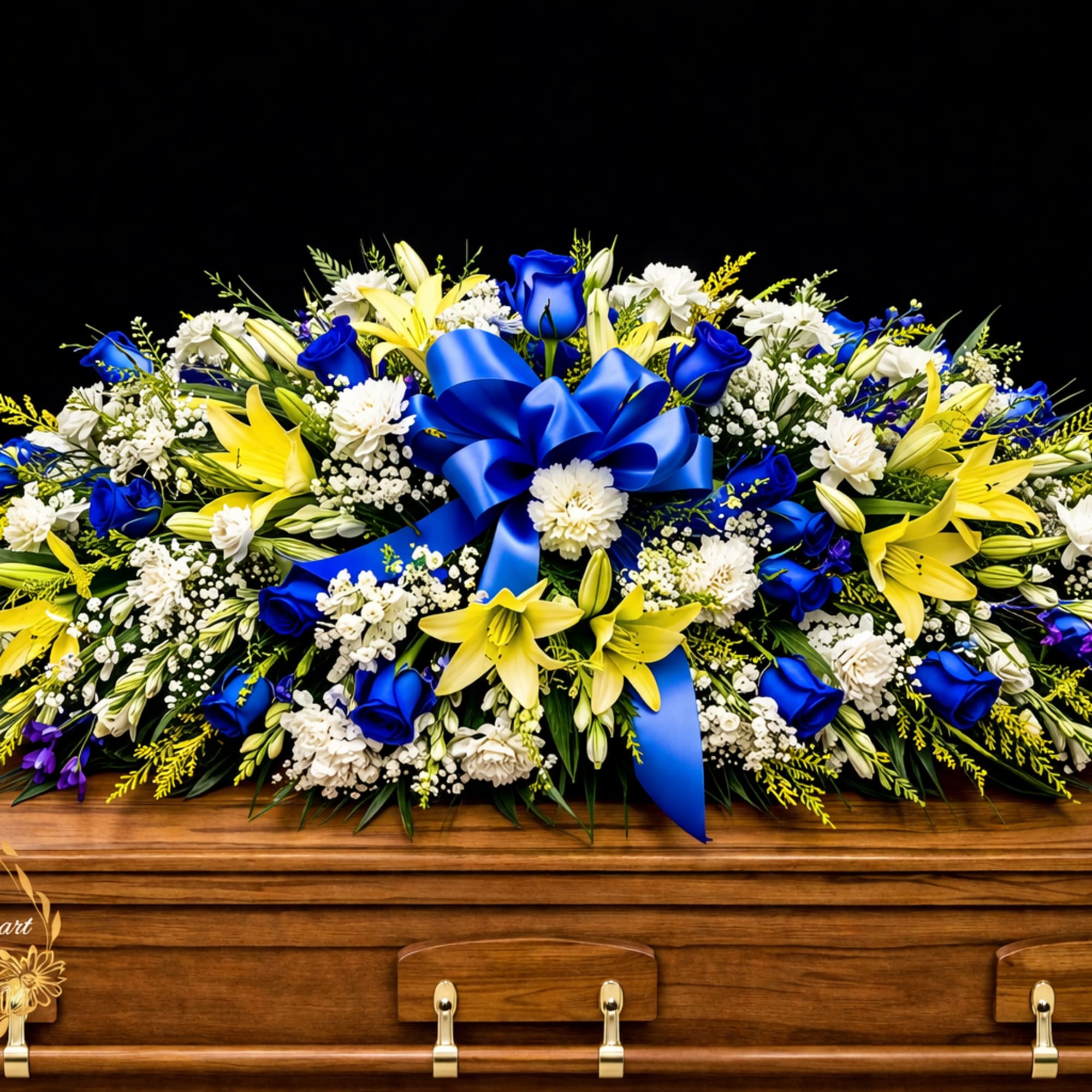 This casket make with blue roses, yellow lilies and white carnation 