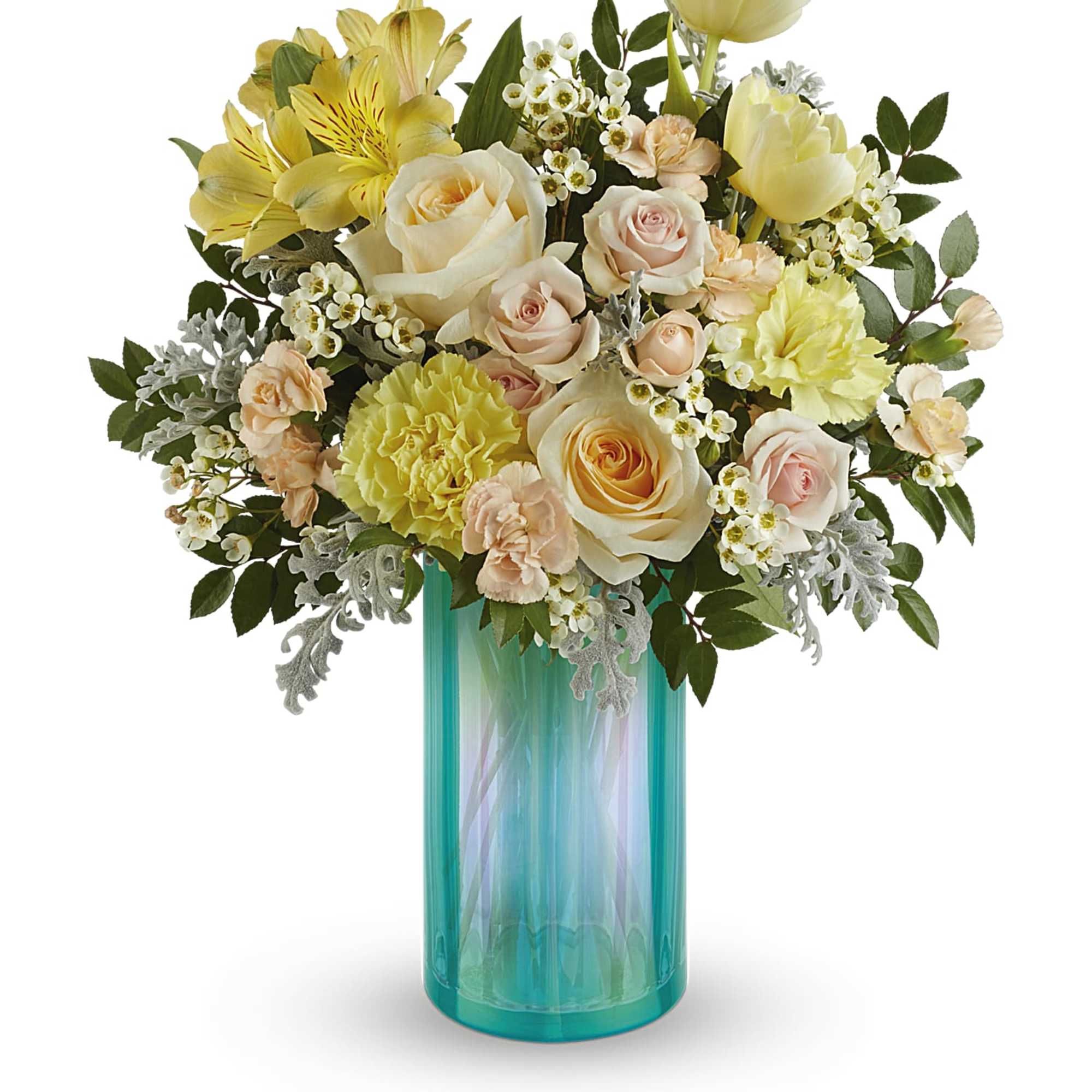 Bouquet of pale roses, yellow flowers, and carnations in a turquoise vase