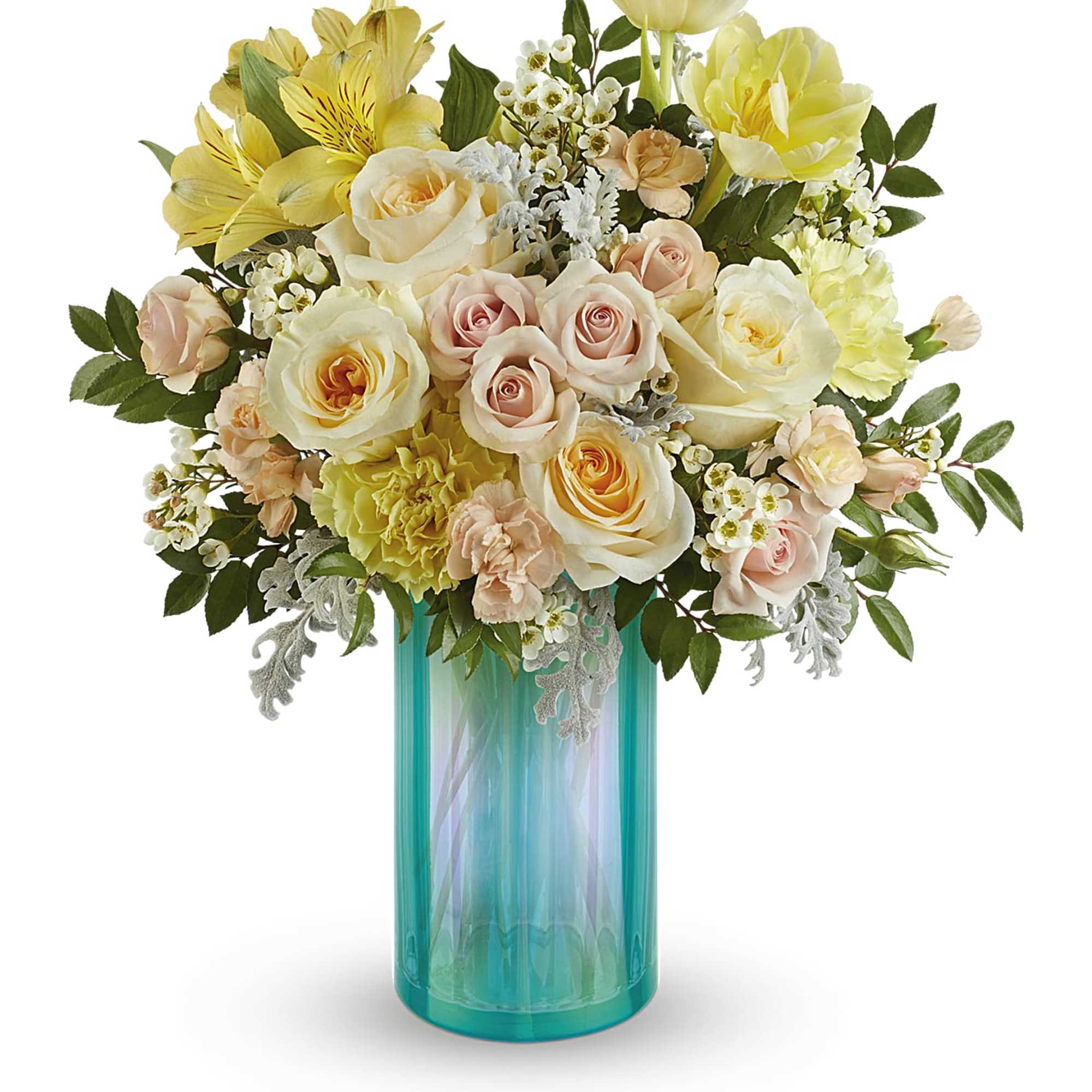 Bouquet of pale roses and yellow flowers in a turquoise glass vase