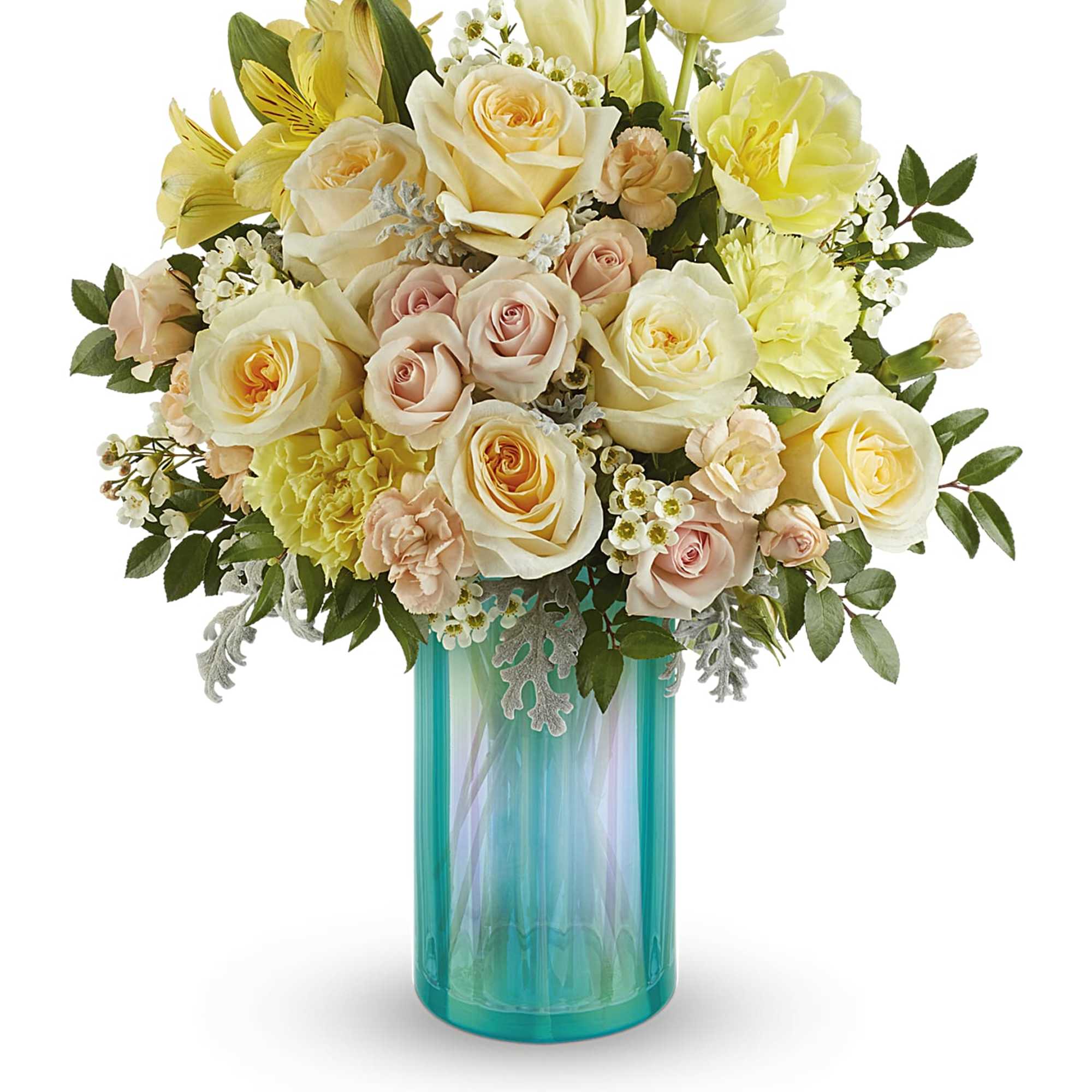 Bouquet of pale roses and yellow flowers in a turquoise glass vase