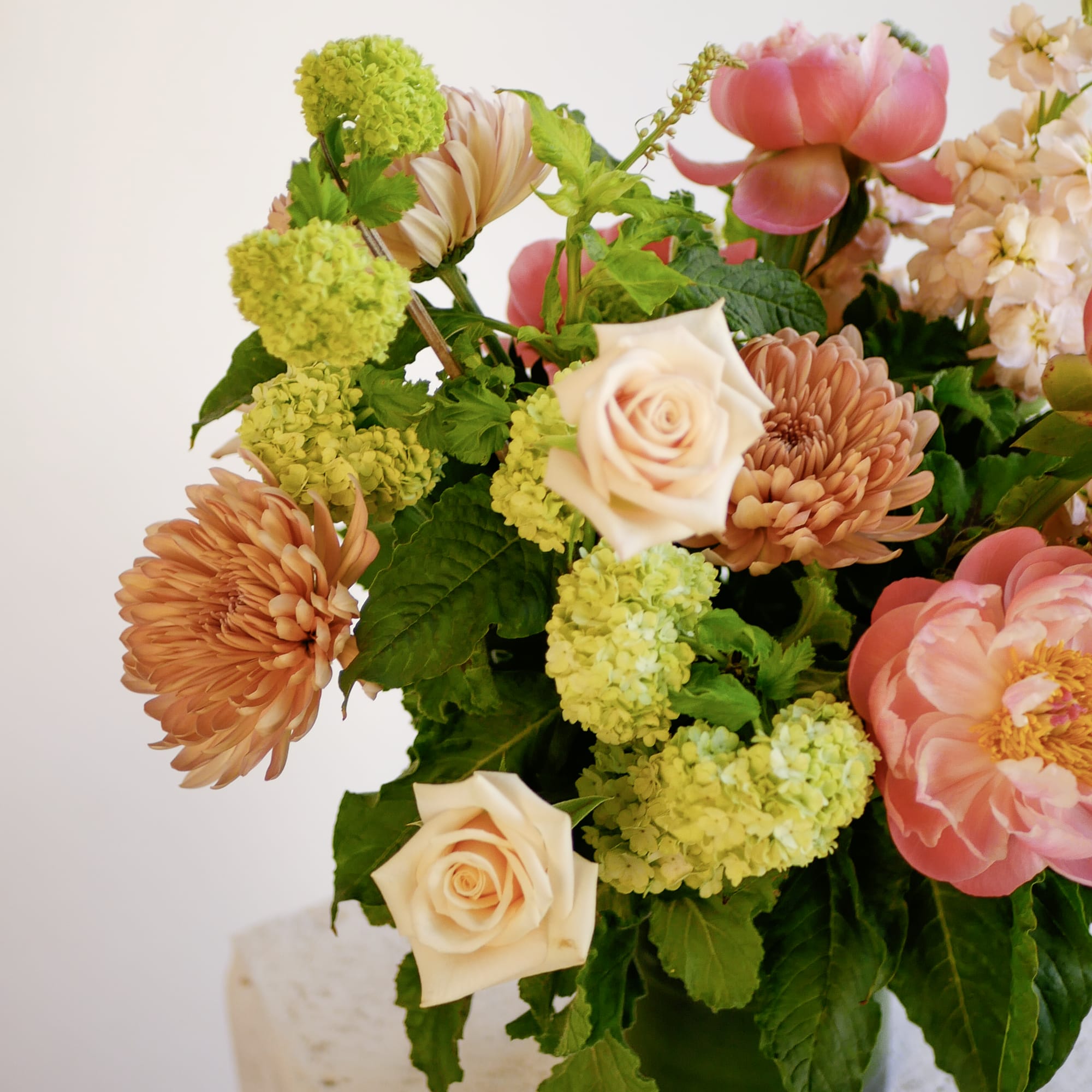 Coral charm peonies and peach mini roses take center stage in this