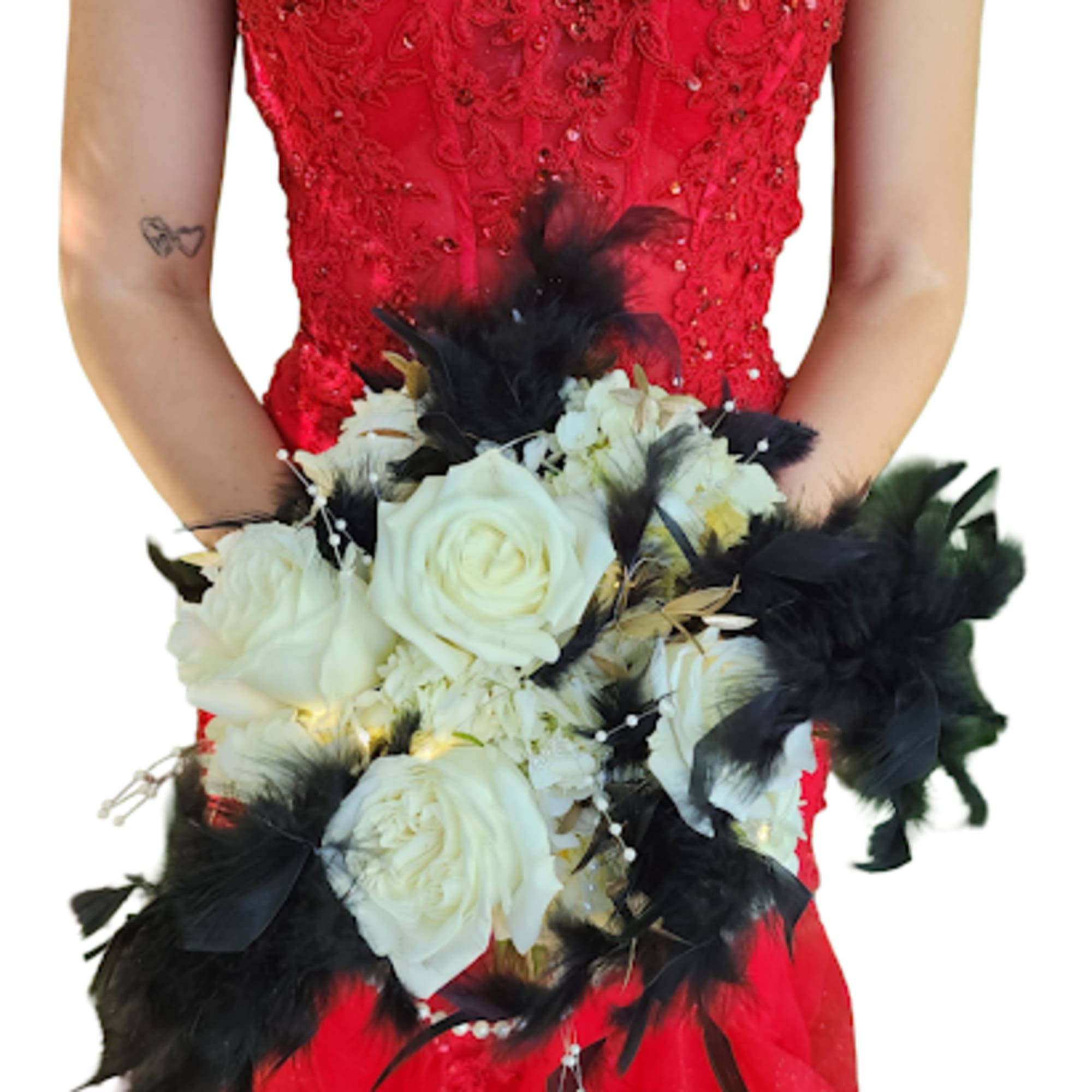 A couture-ready hand-tied posy that reads like eveningwear: white roses and clustered