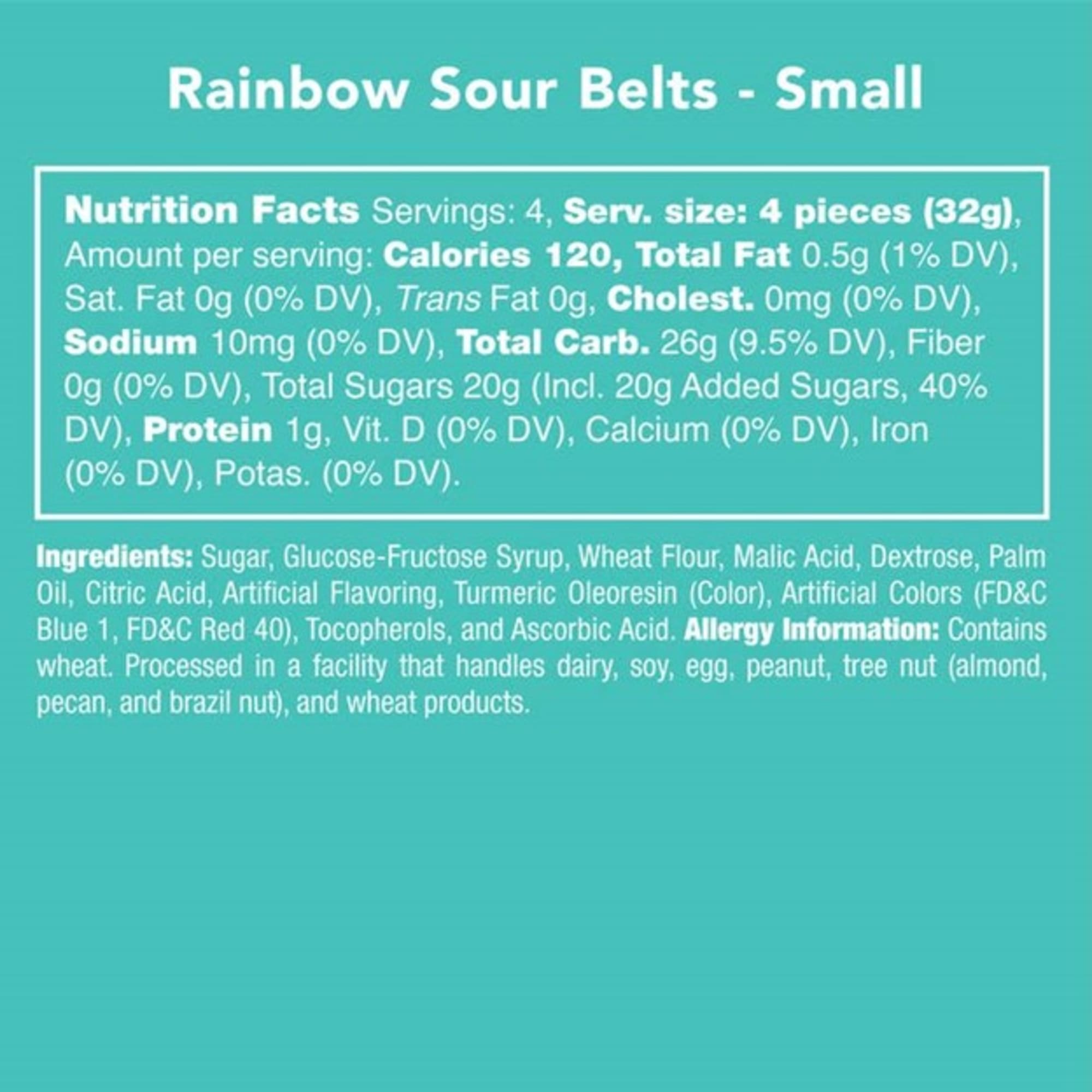 Nutrition label for Rainbow Sour Belts - Small