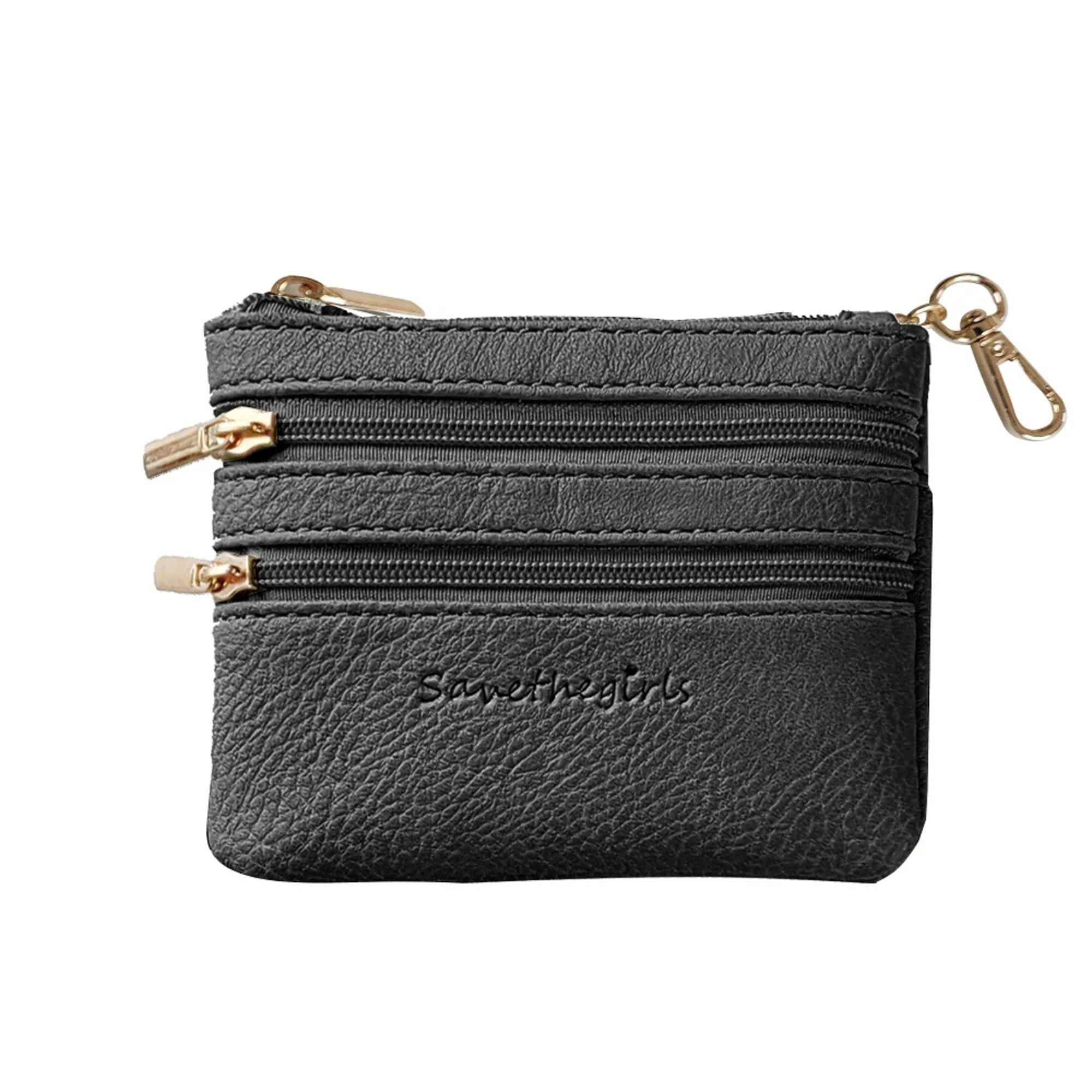 Black zippered leather coin pouch with gold hardware