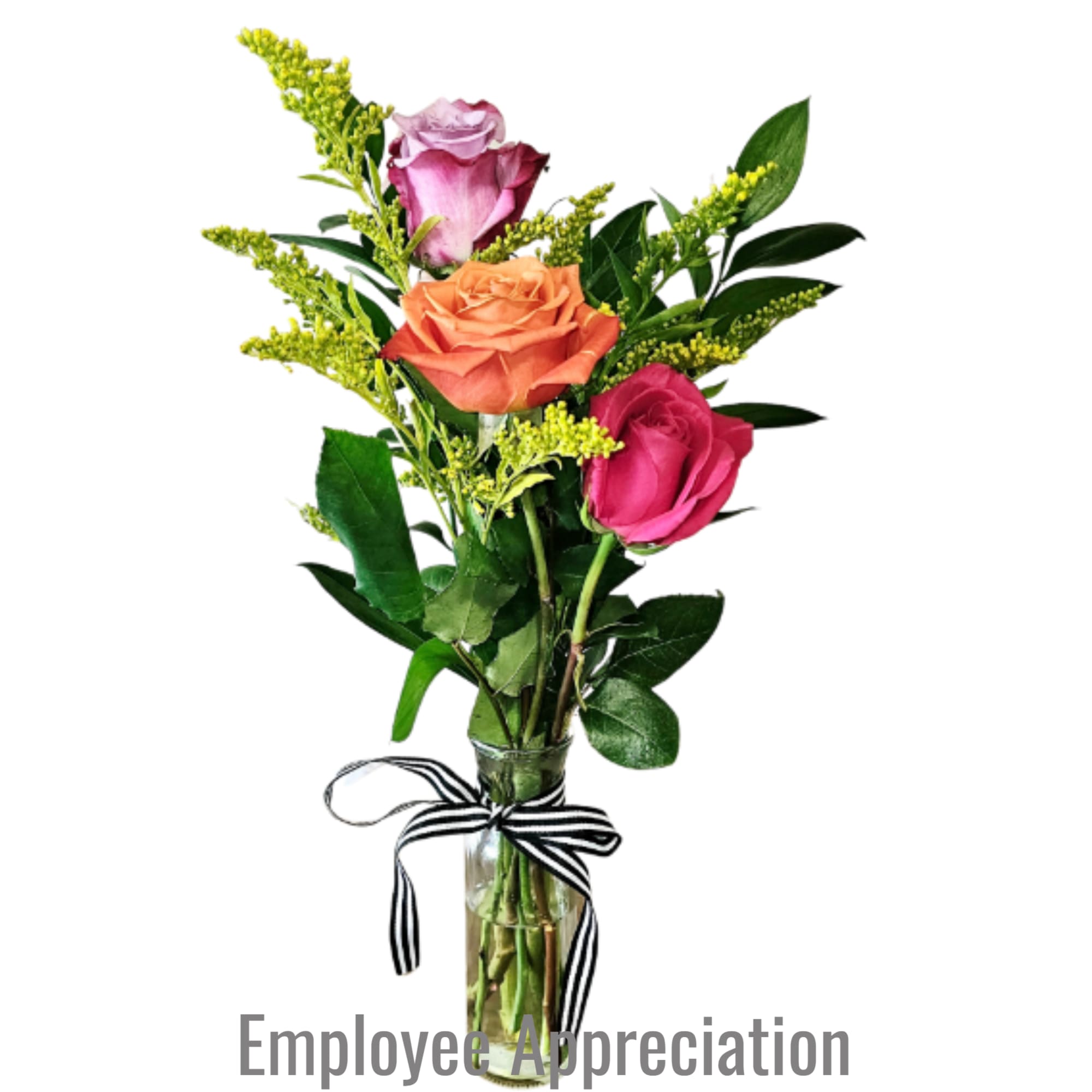 Small bud vase with pink, orange, and lavender roses with yellow filler and a striped ribbon.