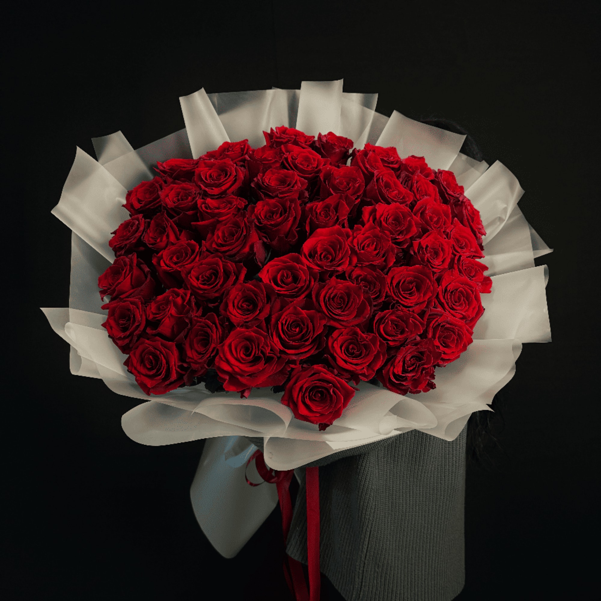 Bouquet of red roses wrapped in white paper