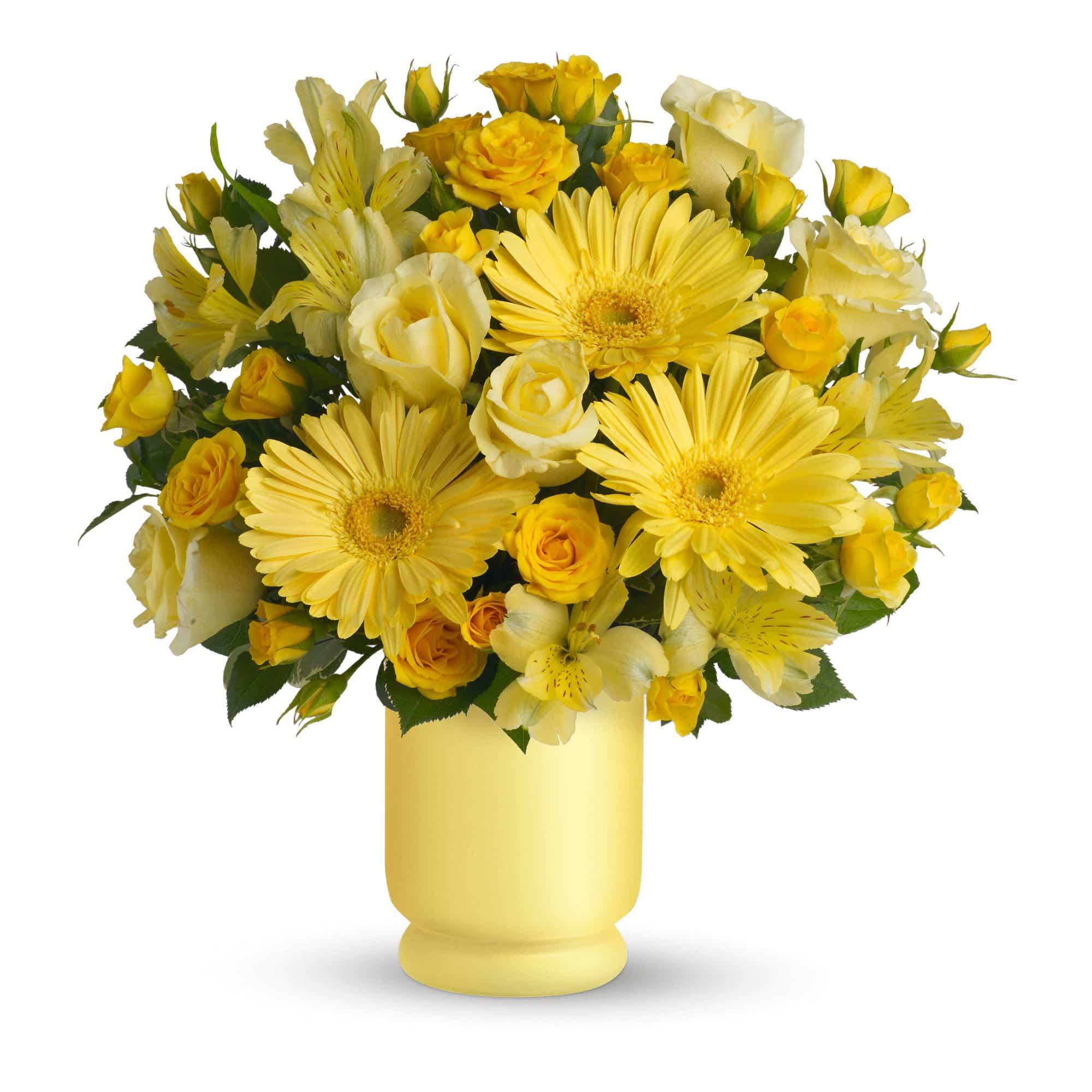 Yellow roses and gerbera daisies in a yellow vase