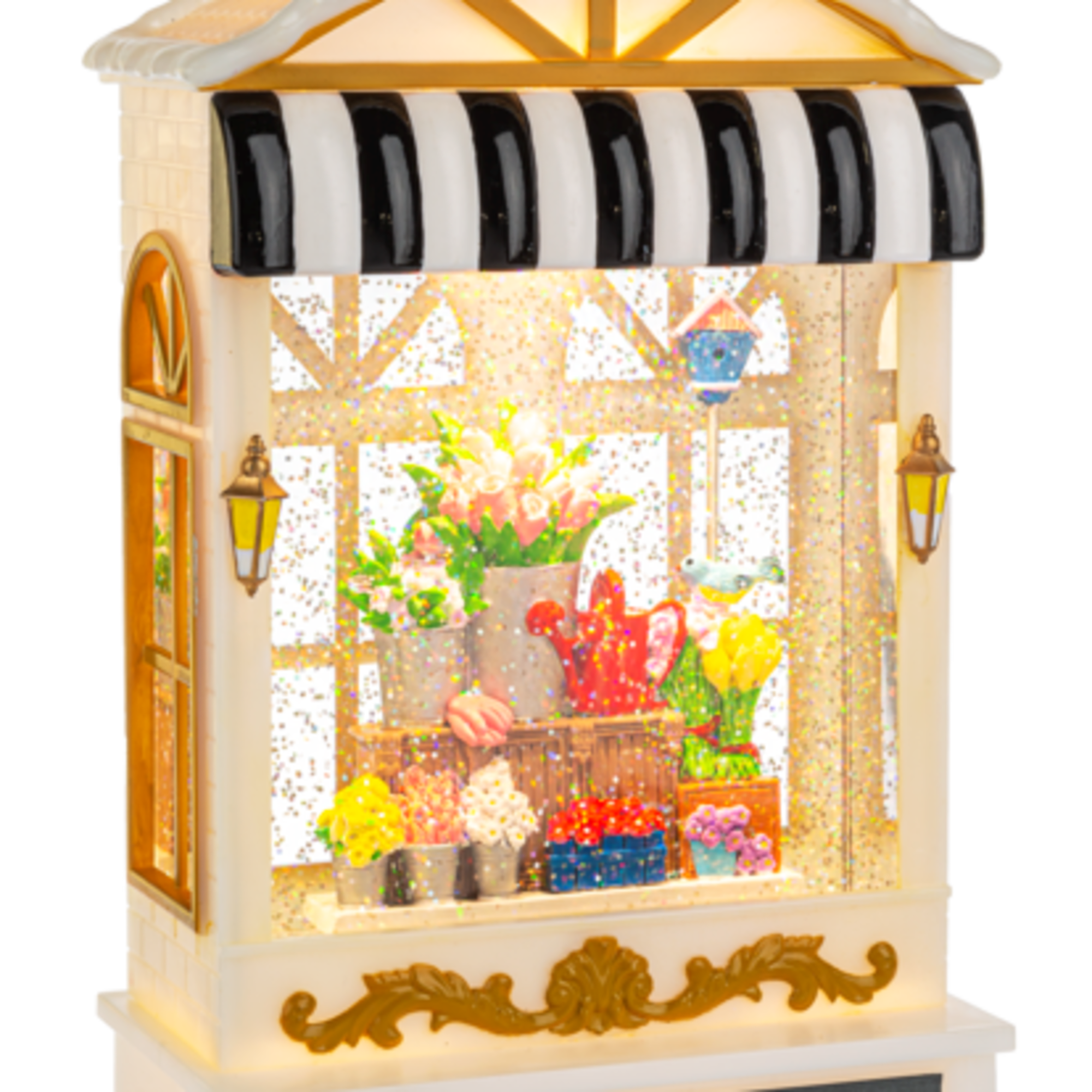 Decorative flower shop display with colorful bouquets in a lit storefront