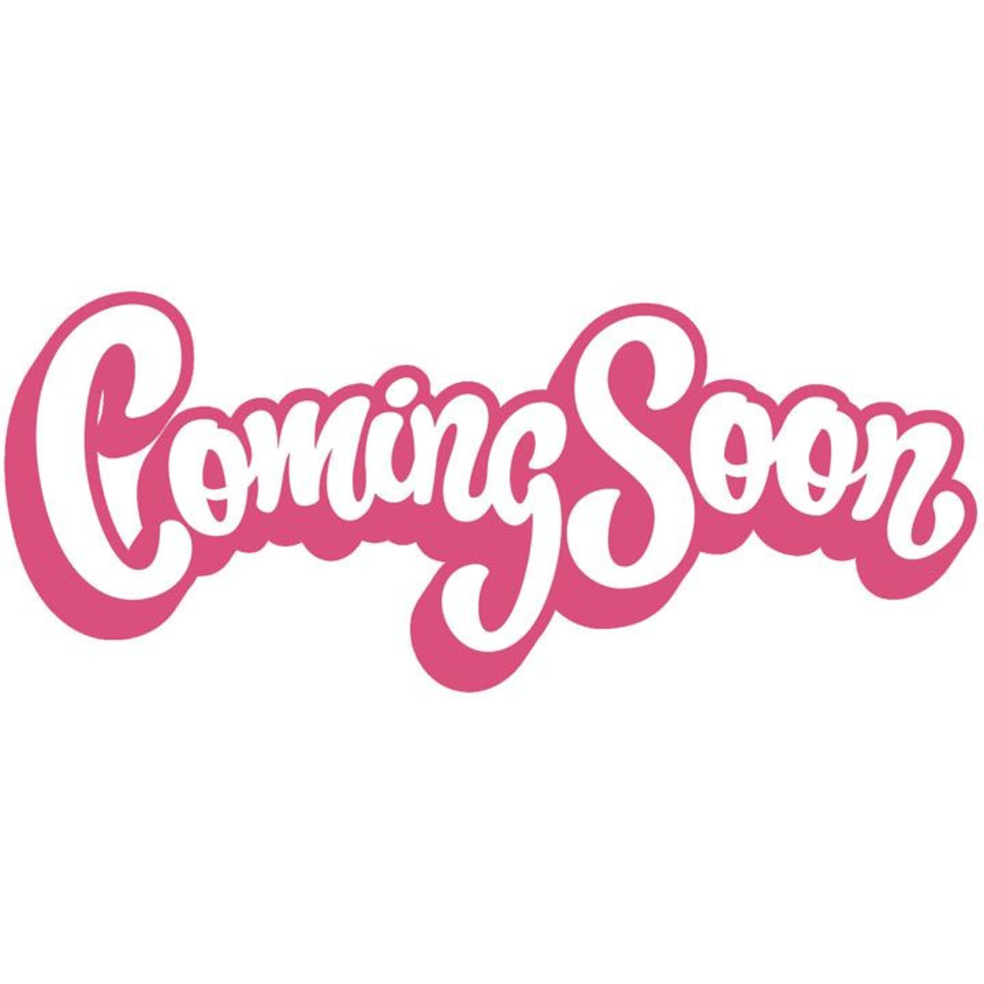 Pink and white "Coming Soon" text on a white background