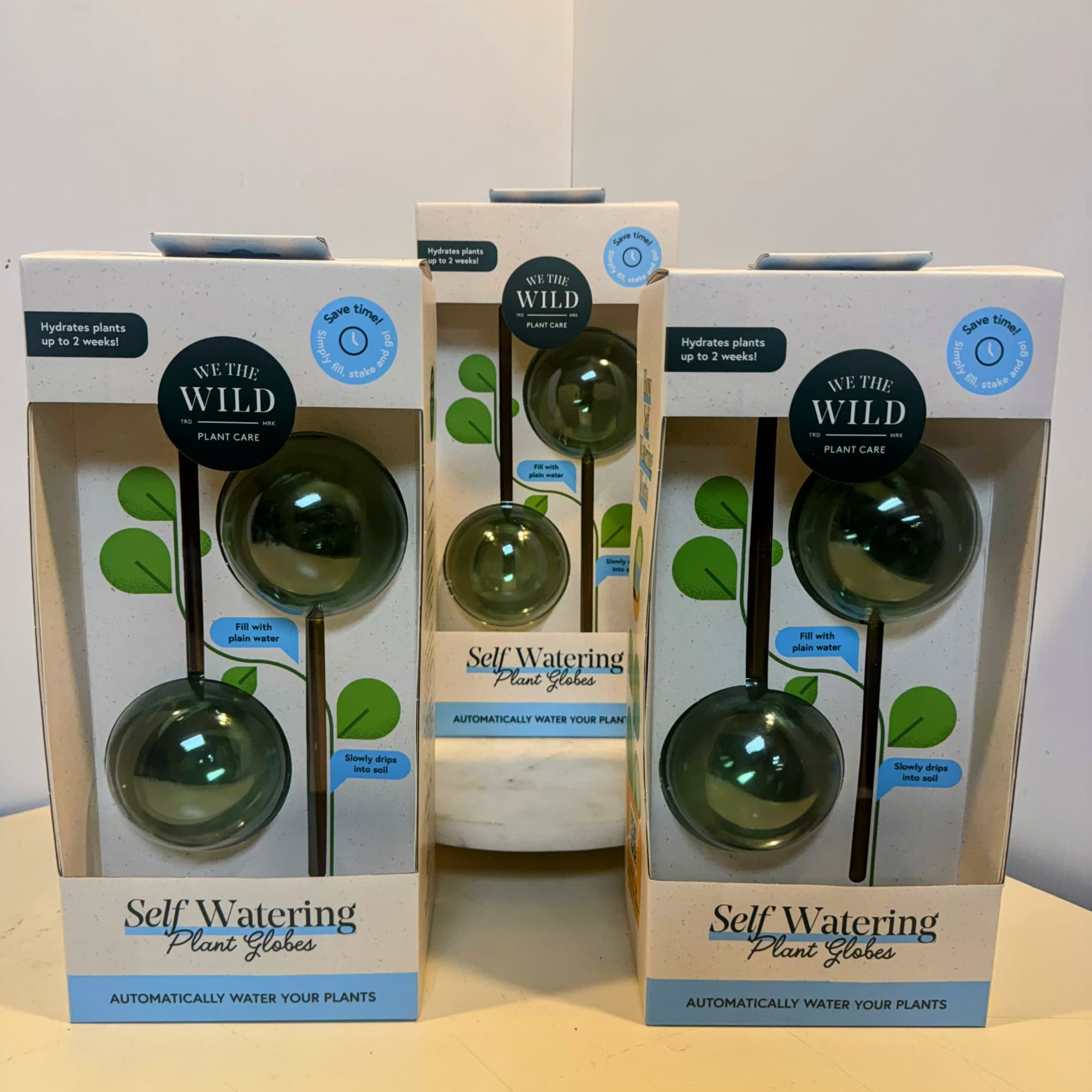 Three boxed self-watering plant globes on a table