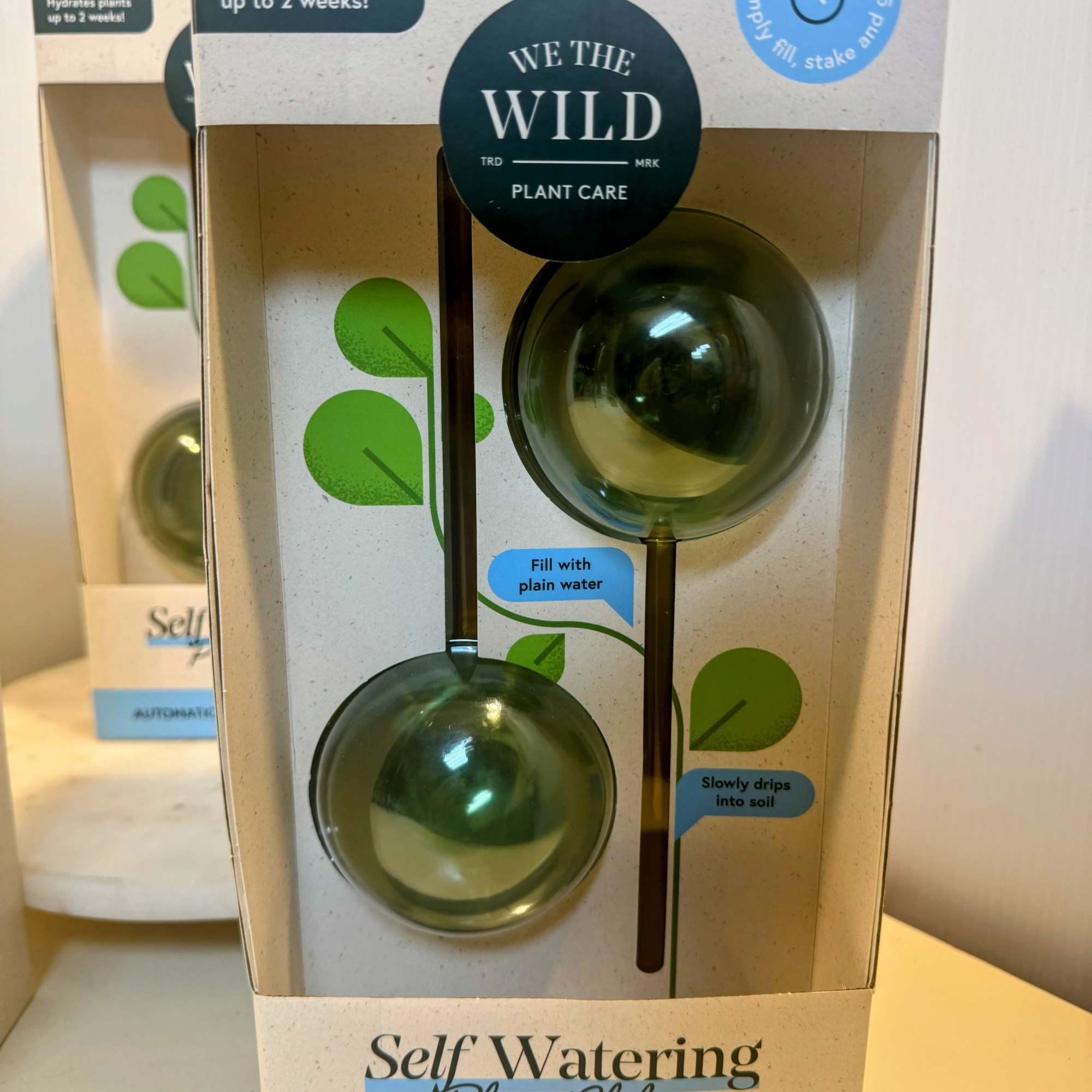 Boxed self-watering plant globes with two green glass bulbs