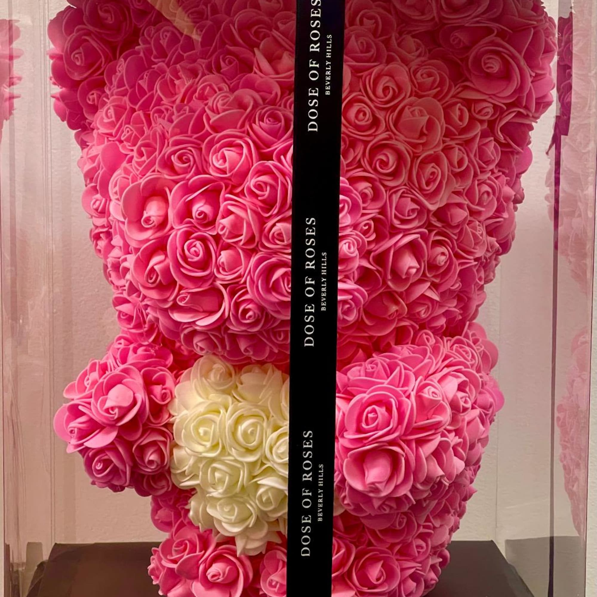 Pink rose teddy bear in a clear display box with a black ribbon