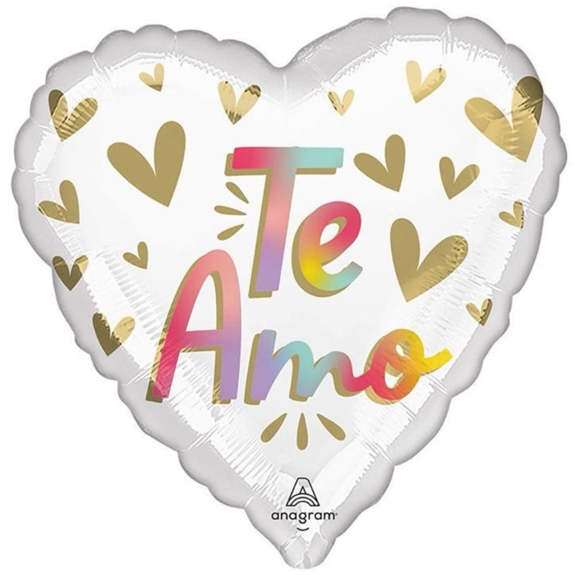 Heart-shaped balloon with gold hearts and colorful "Te Amo" text