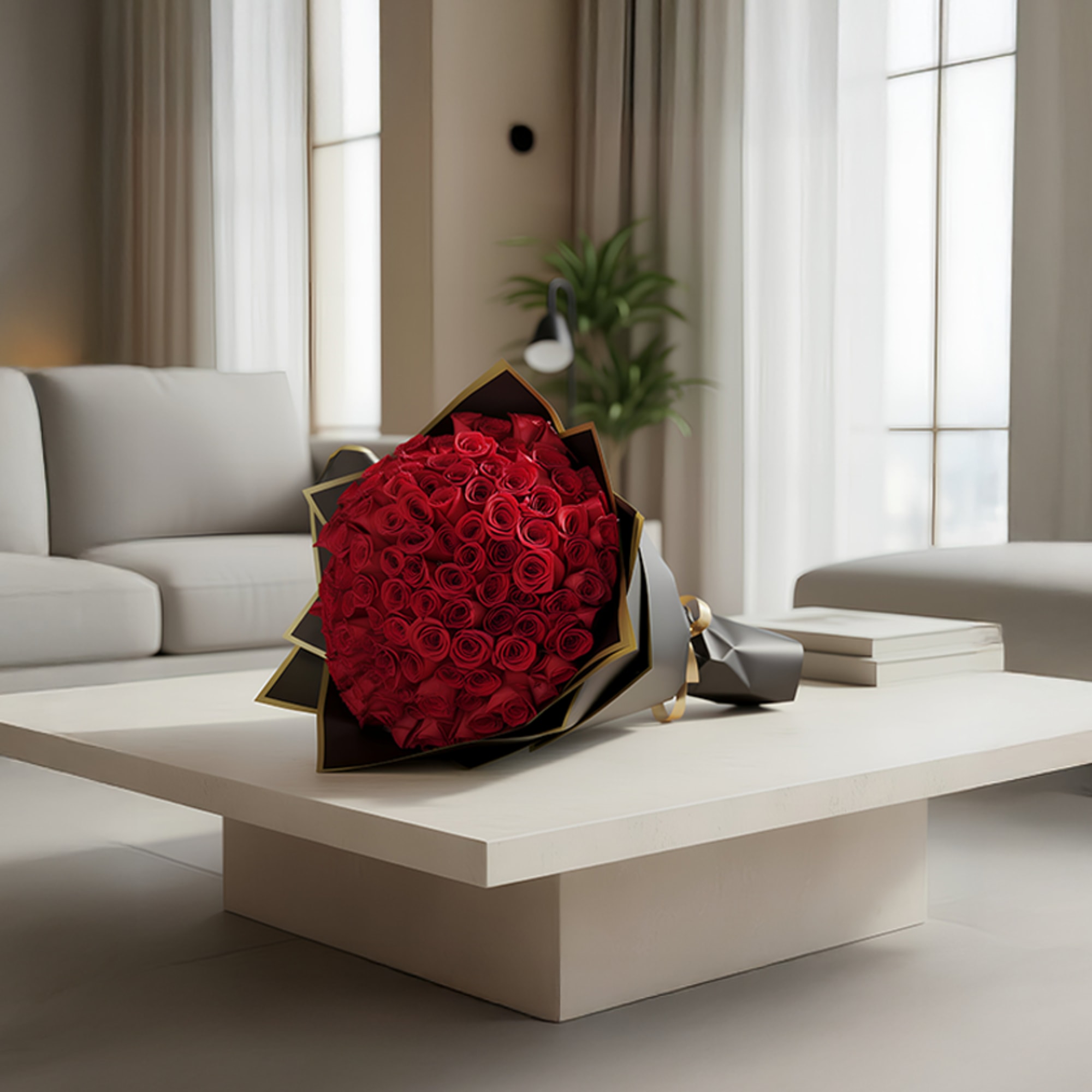 25 premium red roses, wrapped in a black and gold paper and