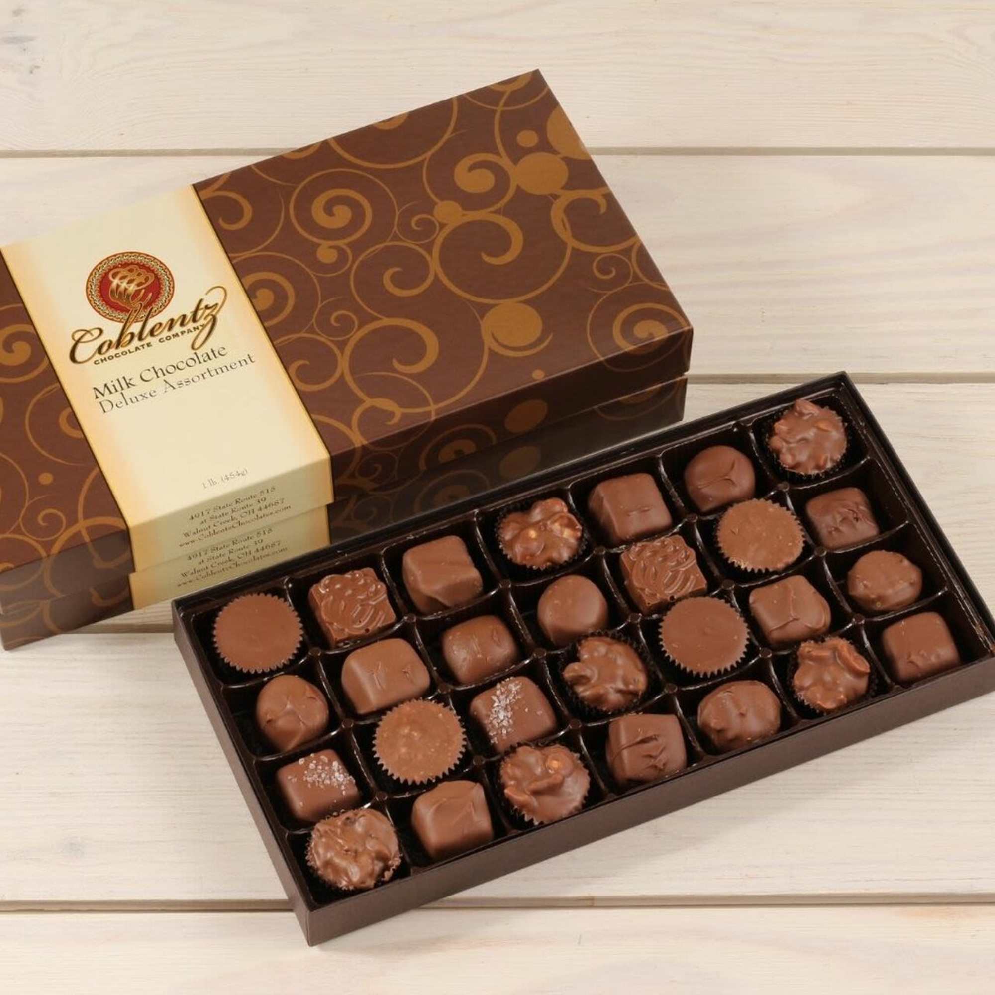 Box of assorted milk chocolates with the lid open