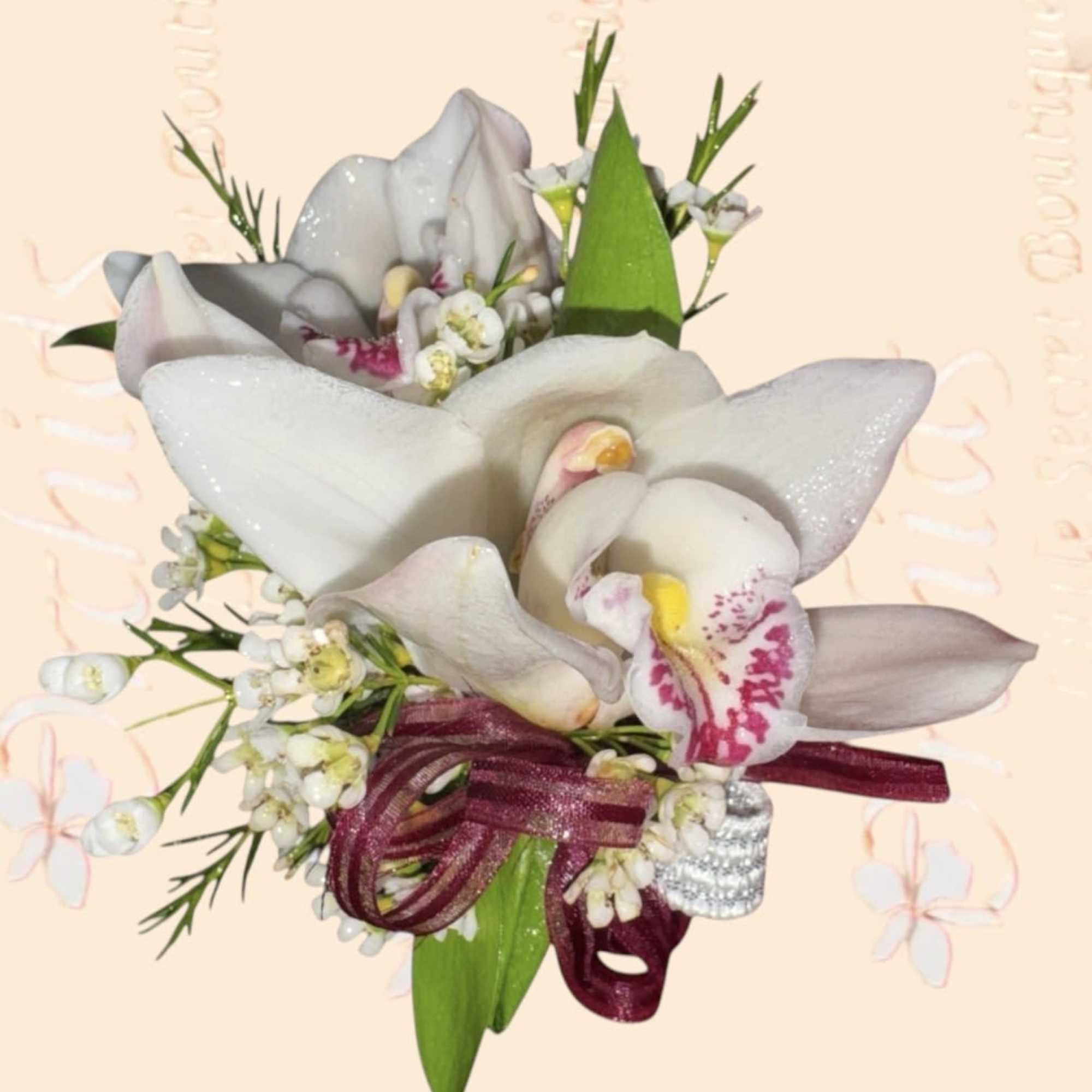 Elegant Cymbidium orchid corsage, designed for timeless beauty. Features a premium Cymbidium