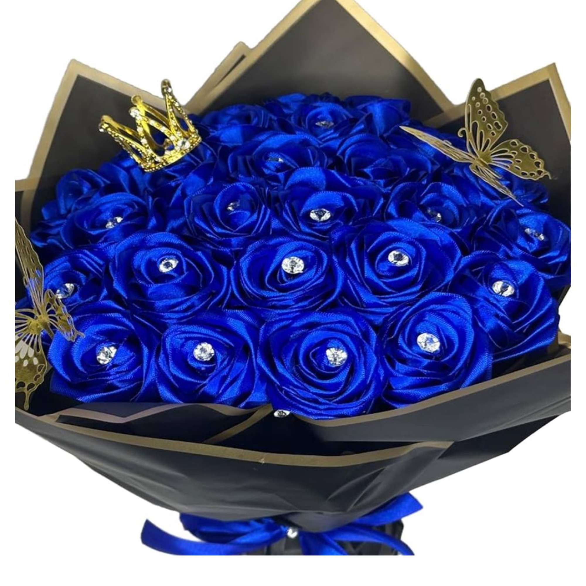 Bouquet of blue roses with gold butterfly accents